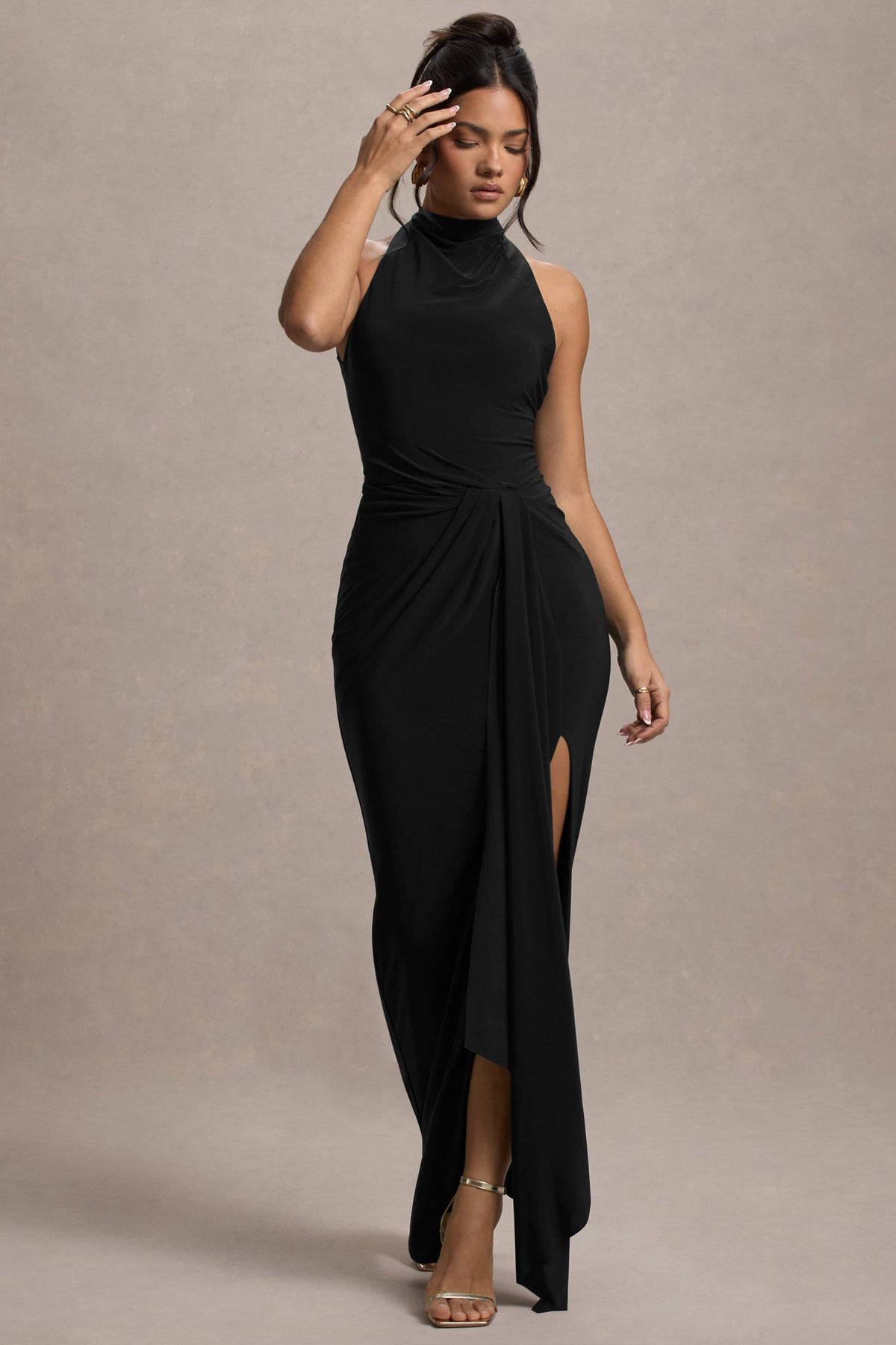 Khari Black High-Neck Twisted Maxi Dress With Drape – Club L London