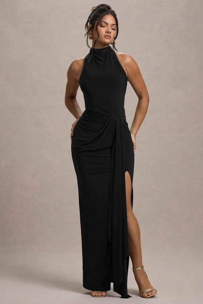 Khari | Black High-Neck Twisted Maxi Dress With Drape Khari | Black High-Neck Twisted Maxi Dress With Drape