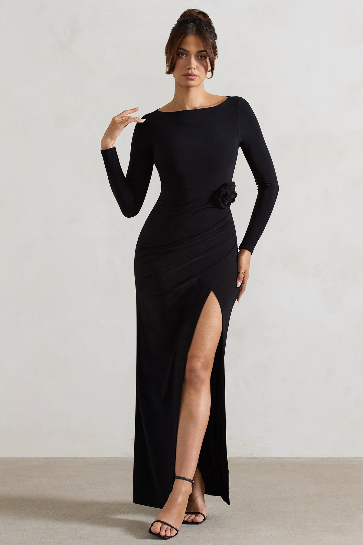 Makayla Black Long-Sleeve Wrap Maxi Dress With Corsages Club L London - USA Makayla Black Long-Sleeve Wrap Maxi Dress With Corsages Club L London - USA