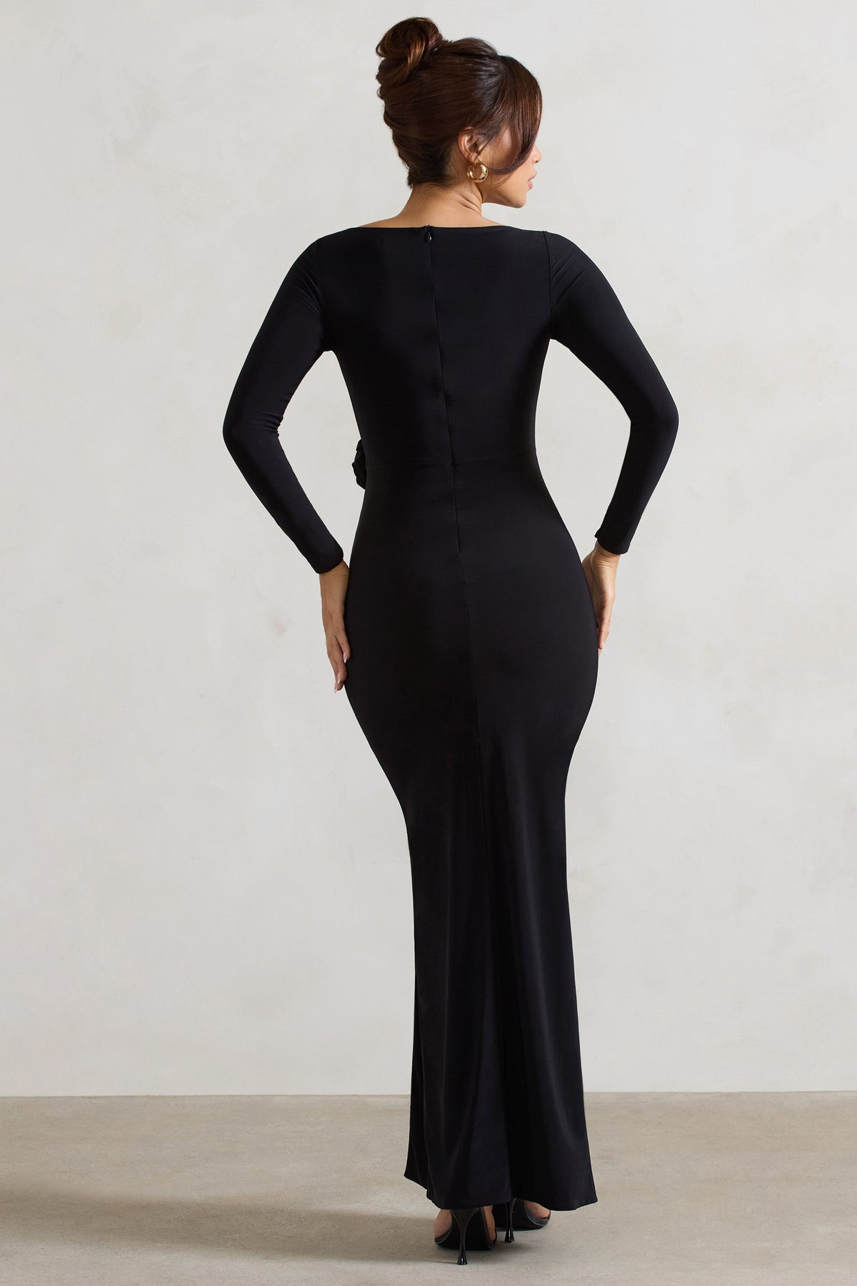 Makayla Black Long-Sleeve Wrap Maxi Dress With Corsages – Club L London Makayla Black Long-Sleeve Wrap Maxi Dress With Corsages – Club L London
