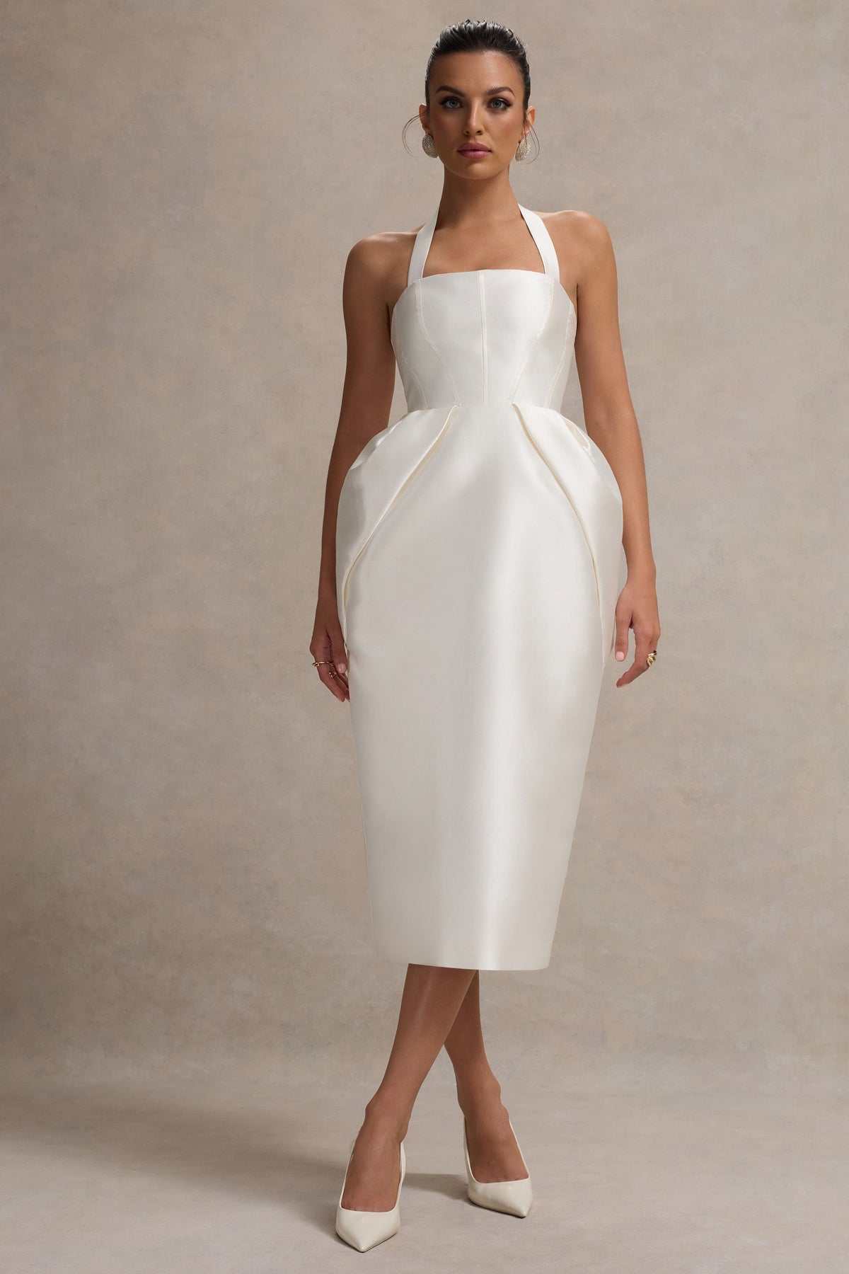 halter midi dress with draped tulip skirt Halter Midi Bridesmaid Dress With Draped Tulip Skirt In Silverstone