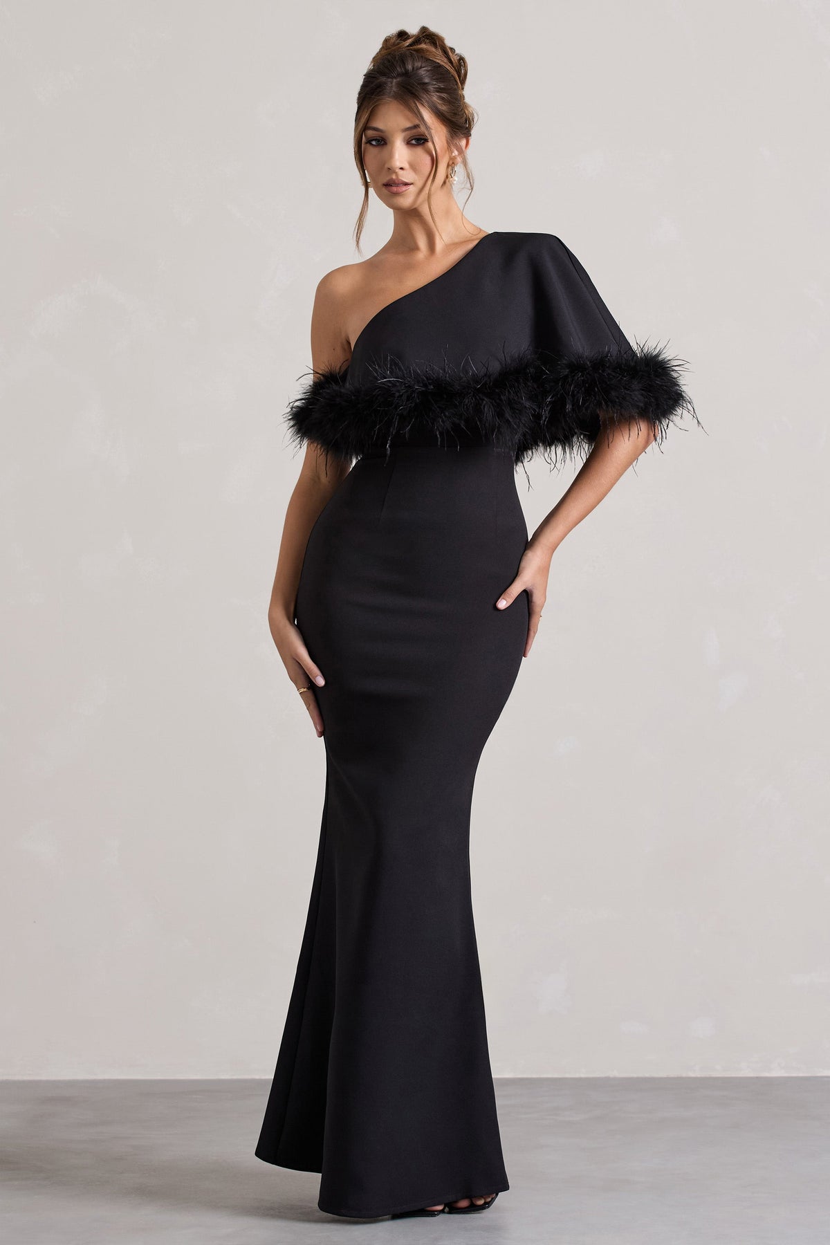 Valor Black Asymmetric Maxi Dress With Feather Trim Club L London - USA Valor Black Asymmetric Maxi Dress With Feather Trim Club L London - USA
