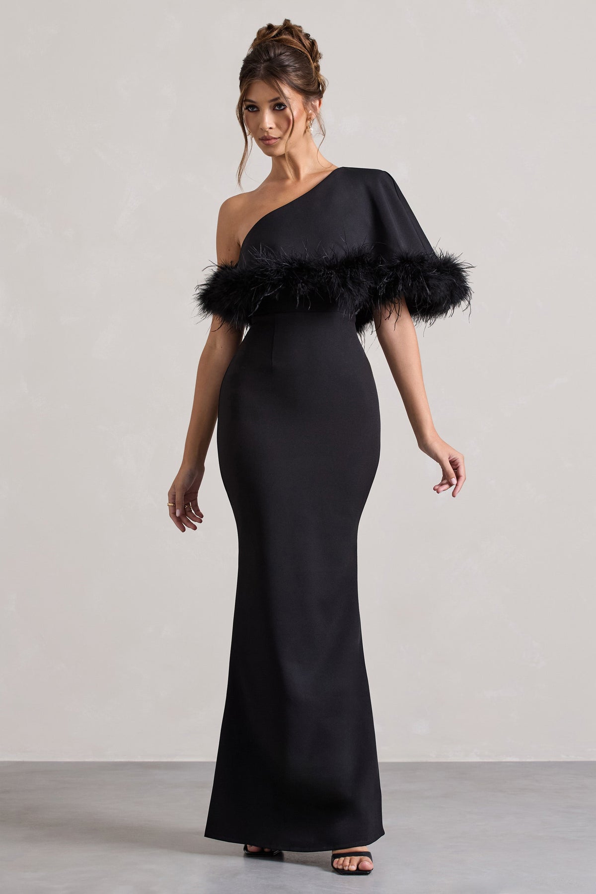 Valor Black Asymmetric Maxi Dress With Feather Trim Club L London - USA Valor Black Asymmetric Maxi Dress With Feather Trim Club L London - USA