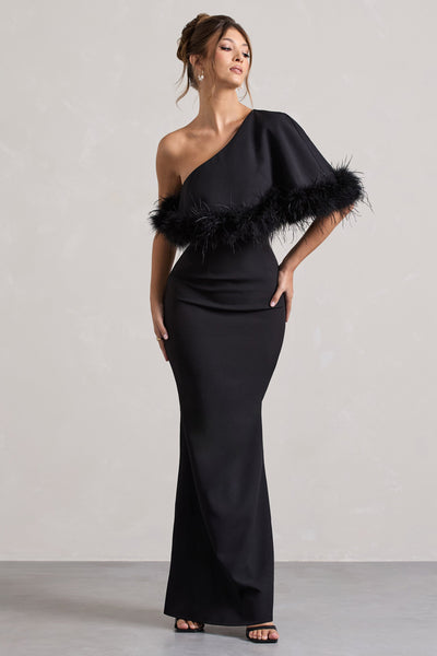 blue dress for baby girl Valor Black Asymmetric Maxi Dress With Feather Trim – Club L London