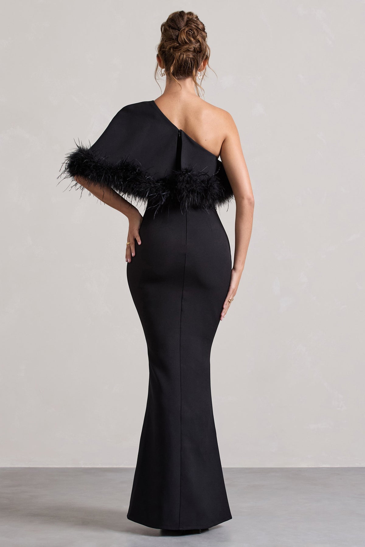 Valor Black Asymmetric Maxi Dress With Feather Trim Club L London - USA Valor Black Asymmetric Maxi Dress With Feather Trim Club L London - USA