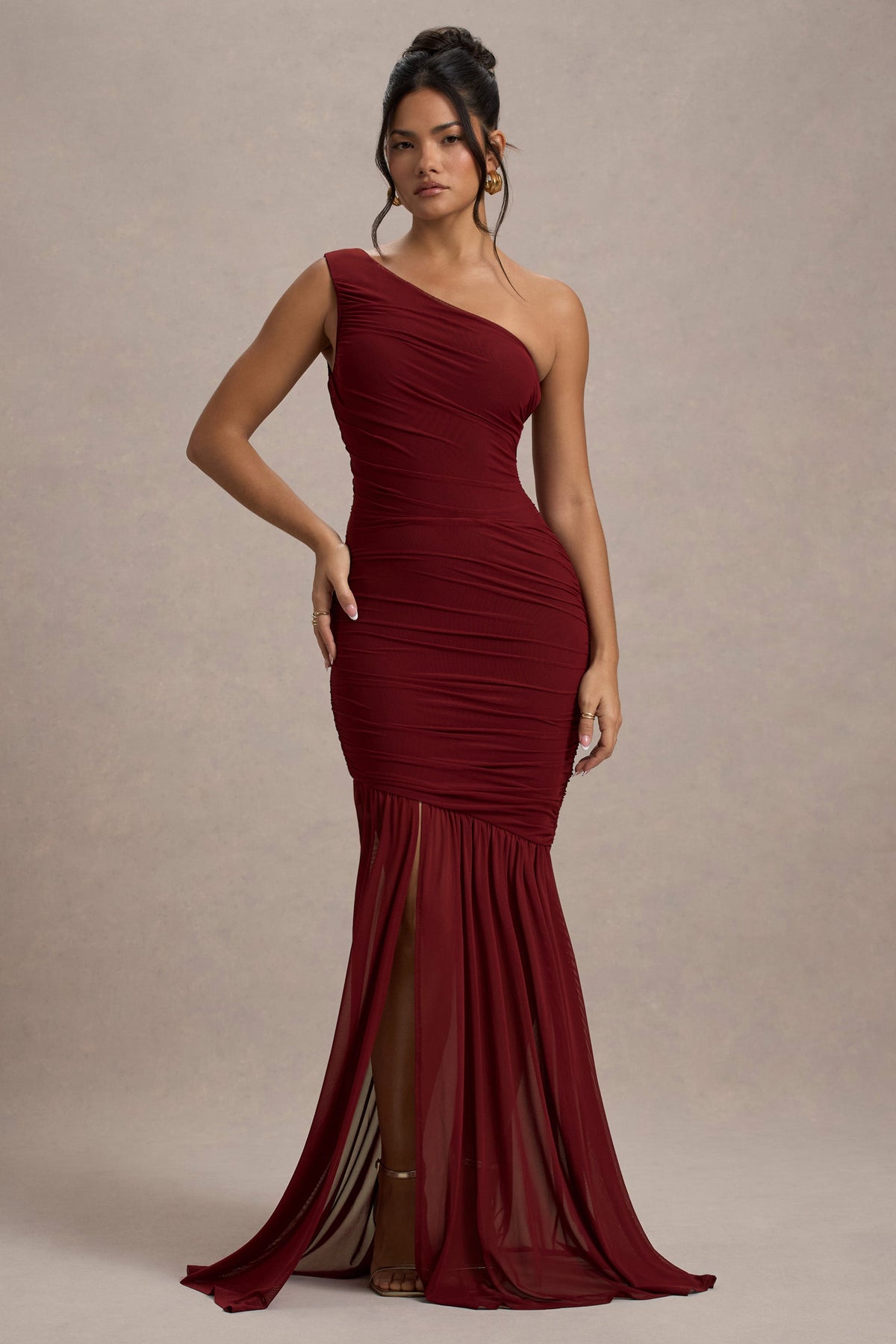Bastia Burgundy Ruched Mesh Asymmetric Maxi Dress Club L London - USA Bastia Burgundy Ruched Mesh Asymmetric Maxi Dress Club L London - USA