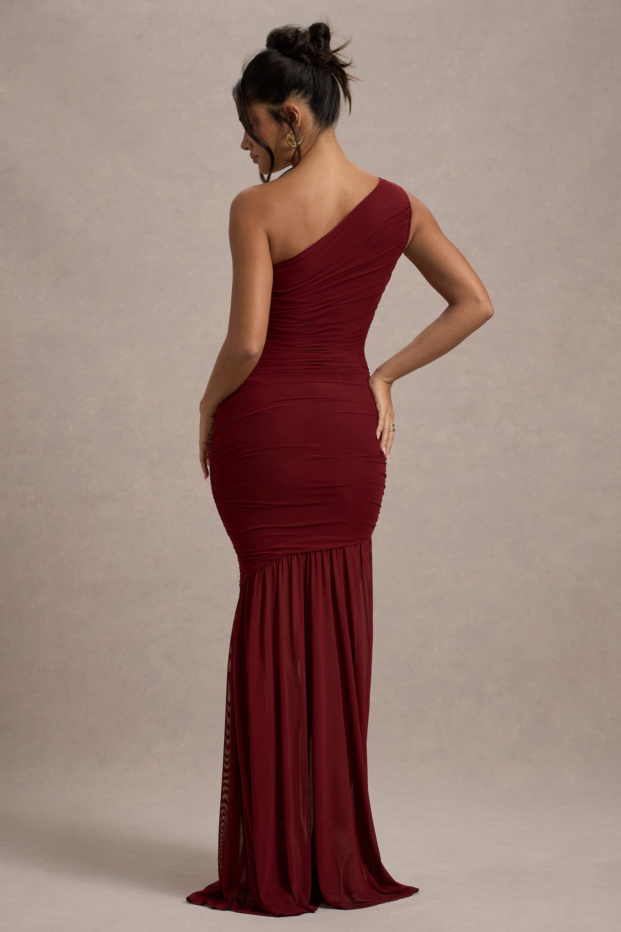 Bastia | Burgundy Ruched Mesh Asymmetric Maxi Dress - Club L London - USA