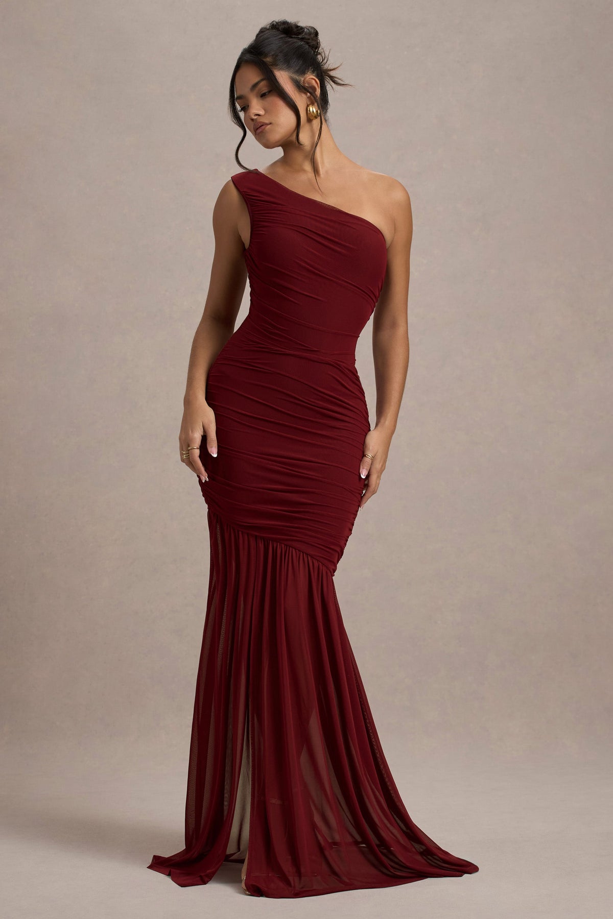 Bastia Burgundy Ruched Mesh Asymmetric Maxi Dress Club L London - USA Bastia Burgundy Ruched Mesh Asymmetric Maxi Dress Club L London - USA