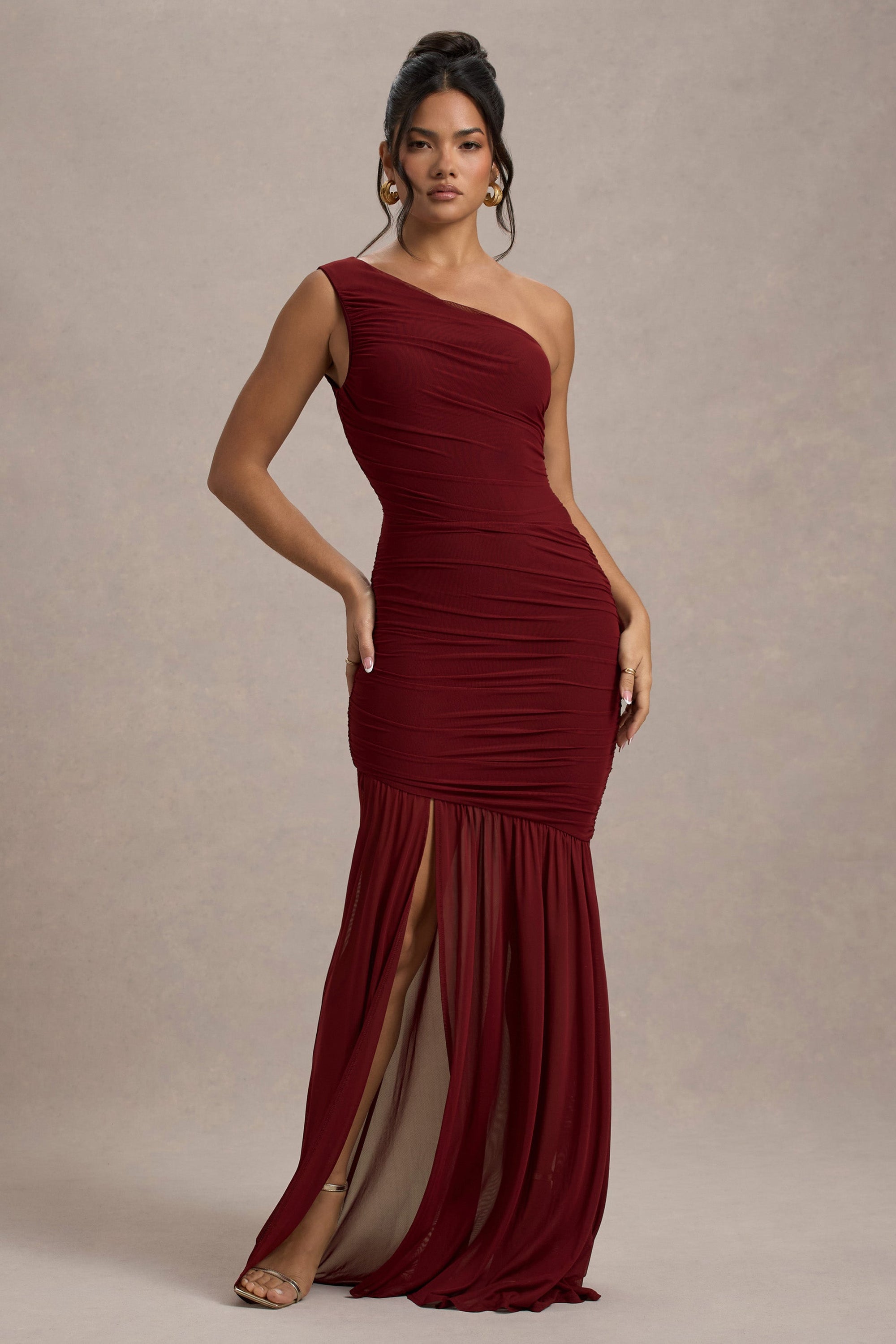 Bastia | Burgundy Ruched Mesh Asymmetric Maxi Dress - Club L London - USA