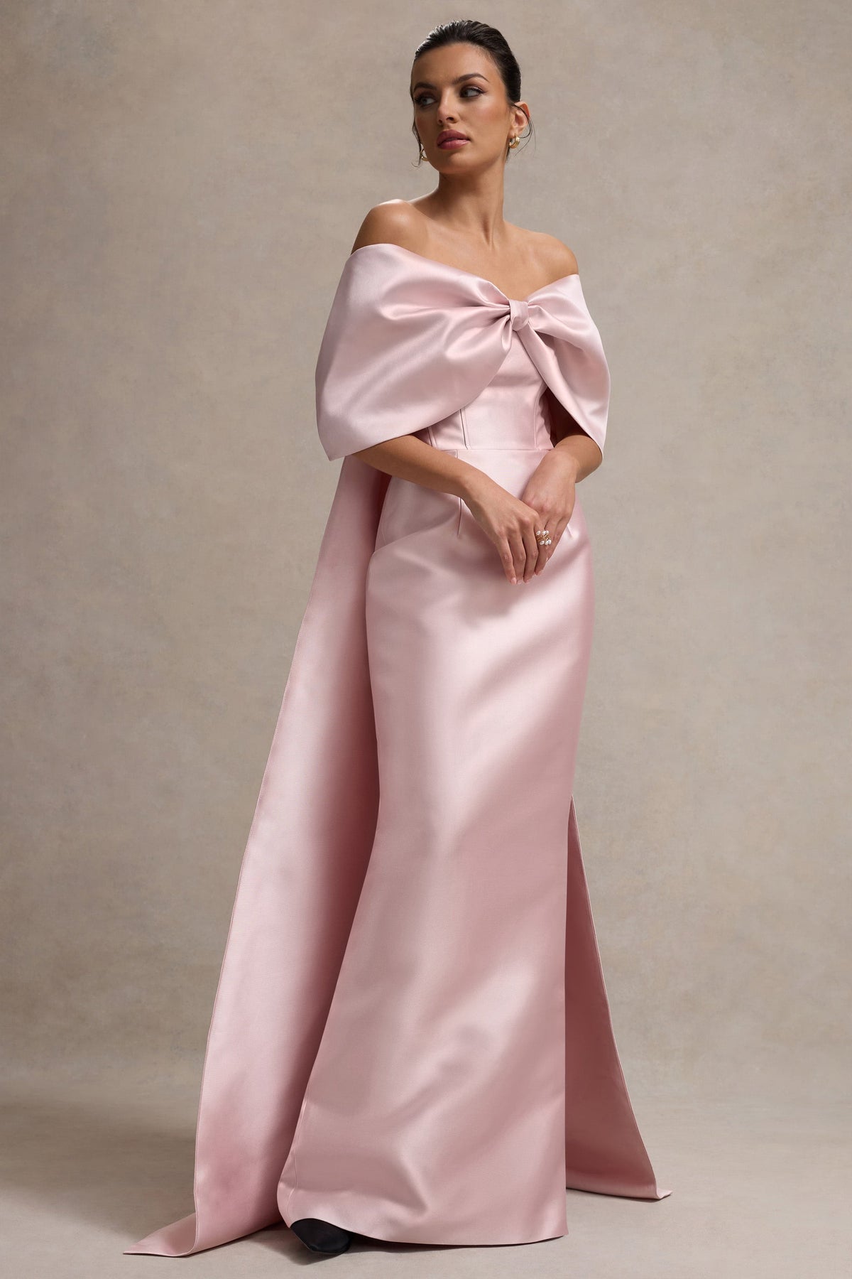 Wanting More | Pink Satin Cape Maxi Dress With Oversized Bow - UK 10 BLUSH Wanting More | Pink Satin Cape Maxi Dress With Oversized Bow - UK 10 BLUSH