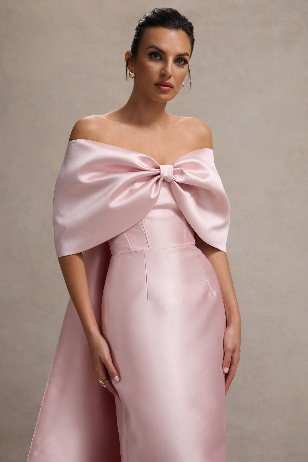 Wanting More | Pink Satin Cape Maxi Dress With Oversized Bow - UK 8 BLUSH Wanting More | Pink Satin Cape Maxi Dress With Oversized Bow - UK 8 BLUSH