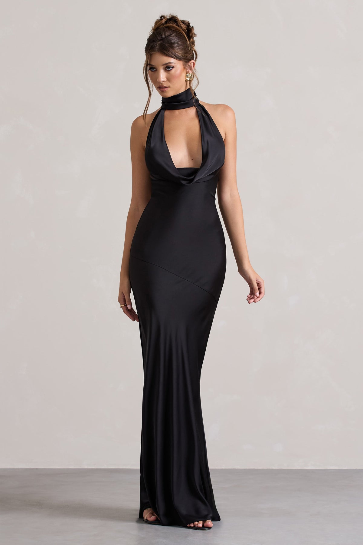 Matea | Black Satin Cowl-Neck Maxi Dress