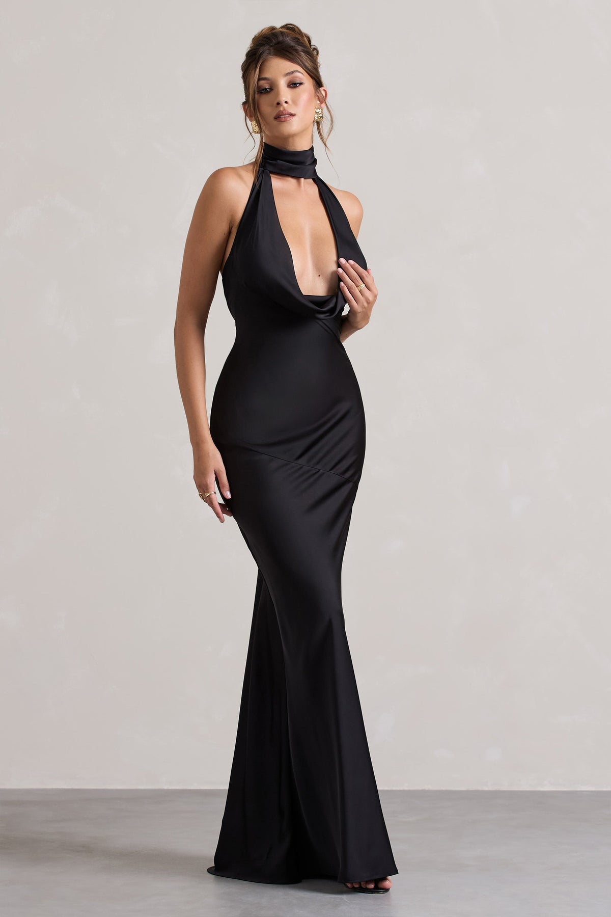 Matea | Black Satin Cowl-Neck Maxi Dress