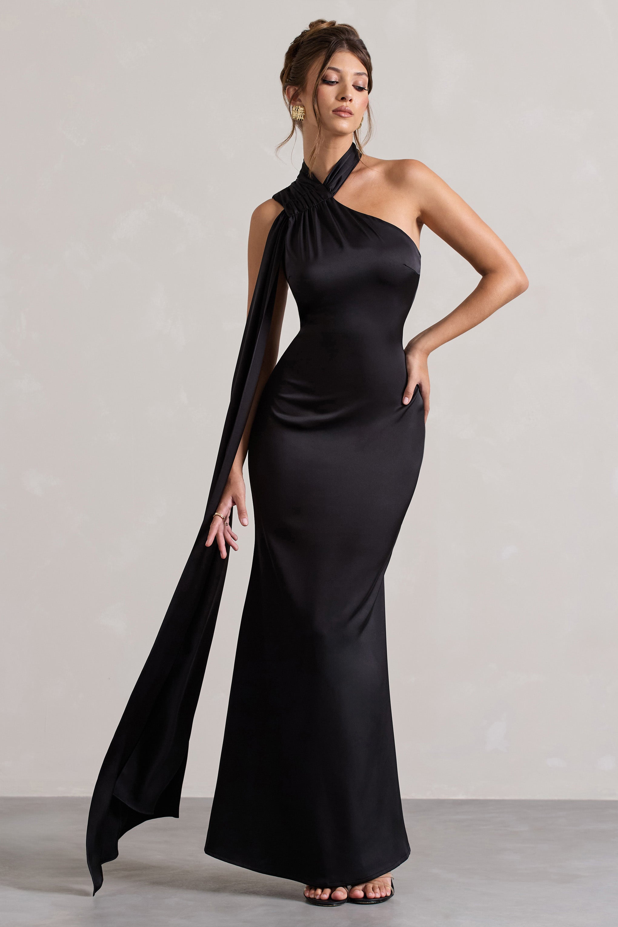 Sancia Black Satin Asymmetric Maxi Dress With Sash – Club L