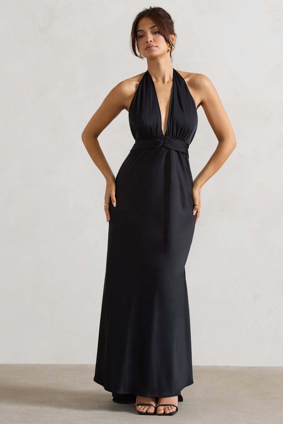 Carolyn Black Satin Plunge Maxi Dress With Dipped Hem Club L London - USA Carolyn Black Satin Plunge Maxi Dress With Dipped Hem Club L London - USA