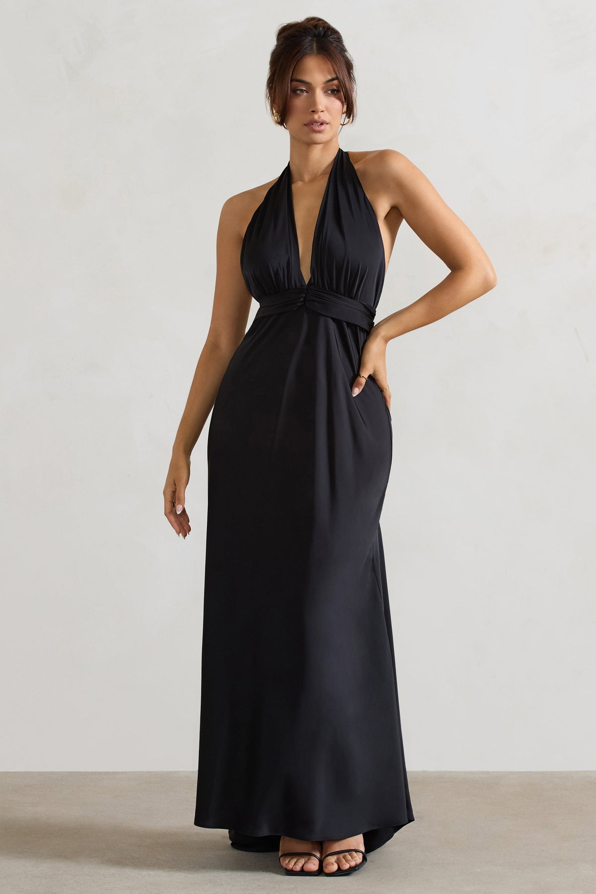 Carolyn Black Satin Plunge Maxi Dress With Dipped Hem Club L London - USA Carolyn Black Satin Plunge Maxi Dress With Dipped Hem Club L London - USA