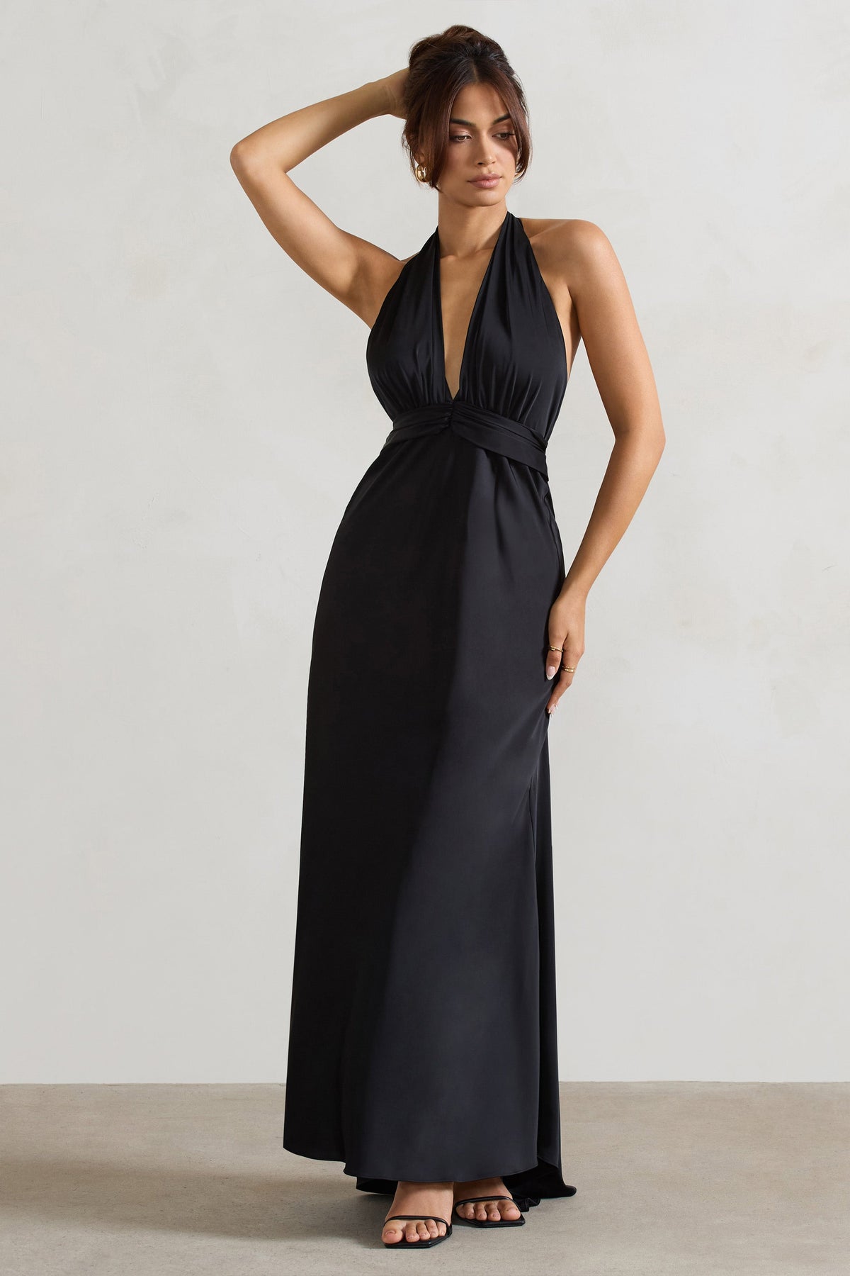 Carolyn Black Satin Plunge Maxi Dress With Dipped Hem Club L London - USA Carolyn Black Satin Plunge Maxi Dress With Dipped Hem Club L London - USA