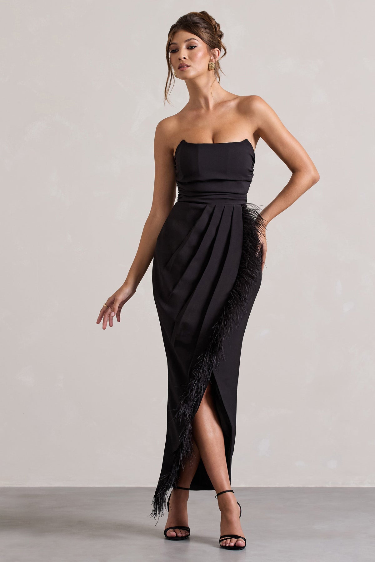 Chosen Black Bandeau Wrap Maxi Dress With Feather Trim Club L London - USA Chosen Black Bandeau Wrap Maxi Dress With Feather Trim Club L London - USA