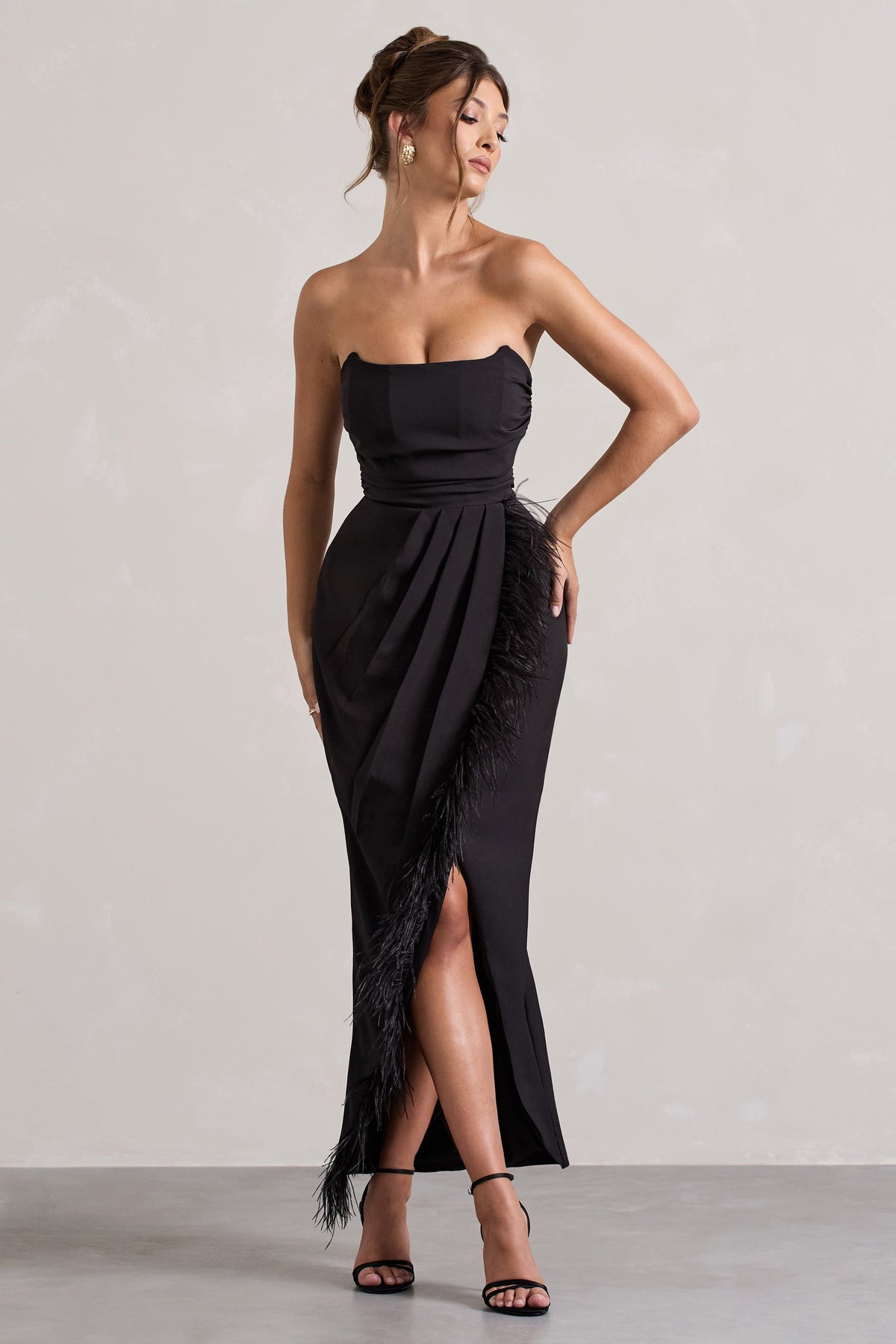 Chosen Black Bandeau Wrap Maxi Dress With Feather Trim Club L London - USA Chosen Black Bandeau Wrap Maxi Dress With Feather Trim Club L London - USA