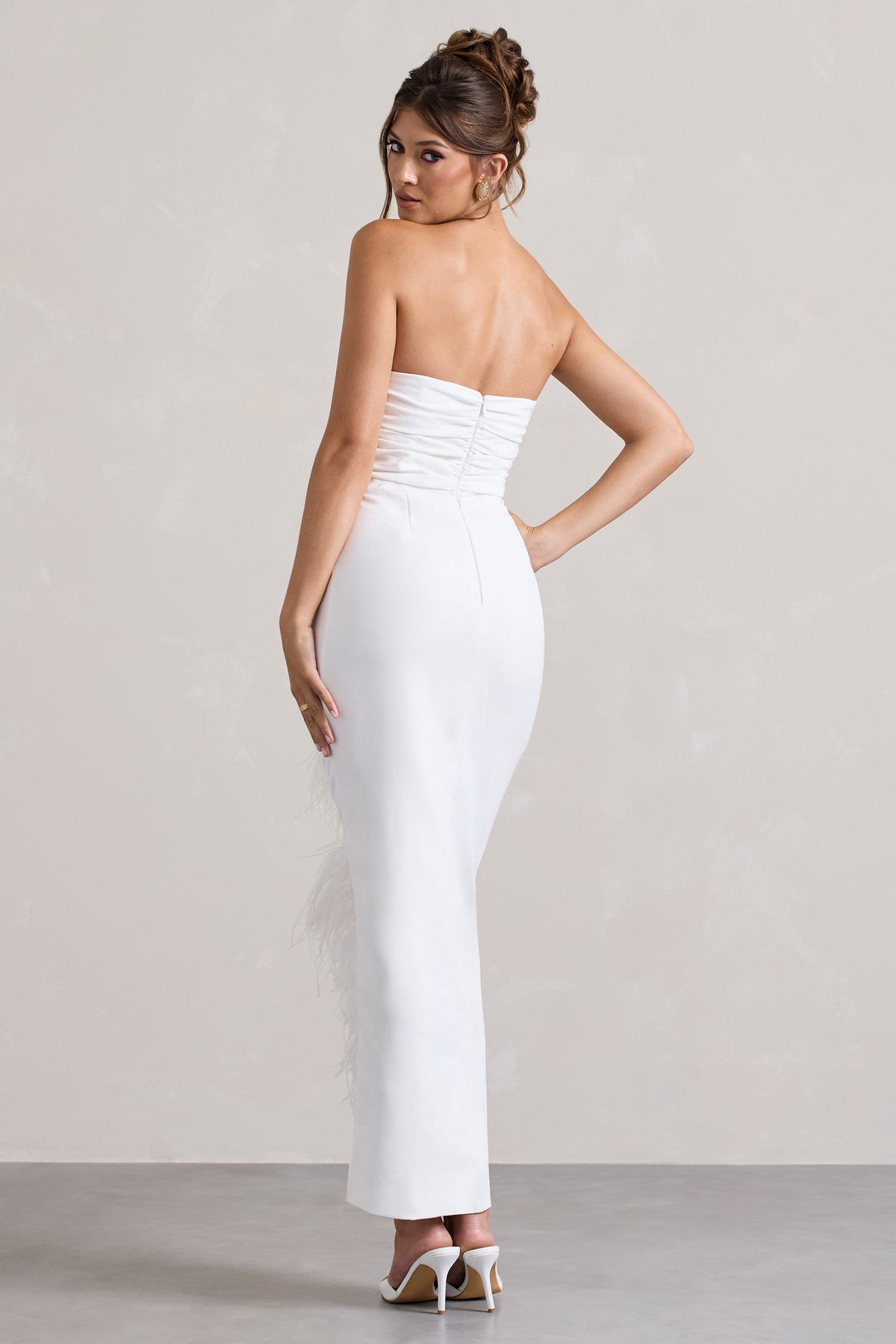 Chosen White Bandeau Wrap Maxi Dress With Feather Trim – Club L London Chosen White Bandeau Wrap Maxi Dress With Feather Trim – Club L London