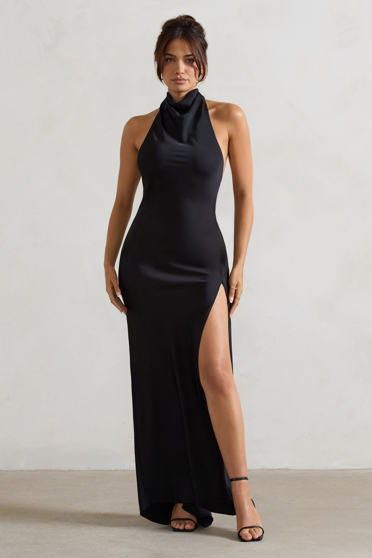 Priero | Black Cowl Halter-Neck Open Back Maxi Dress