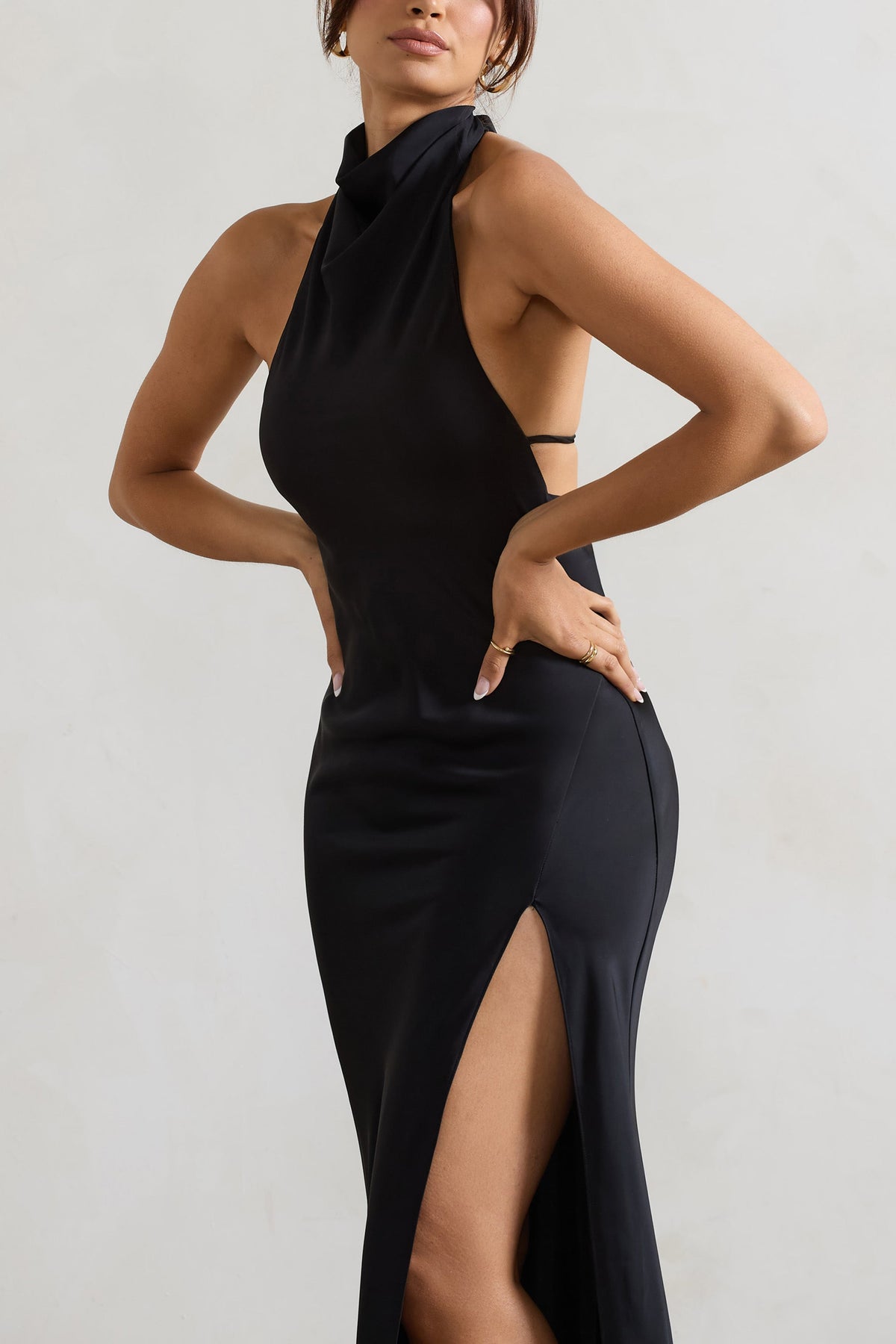 Priero | Black Cowl Halter-Neck Open Back Maxi Dress