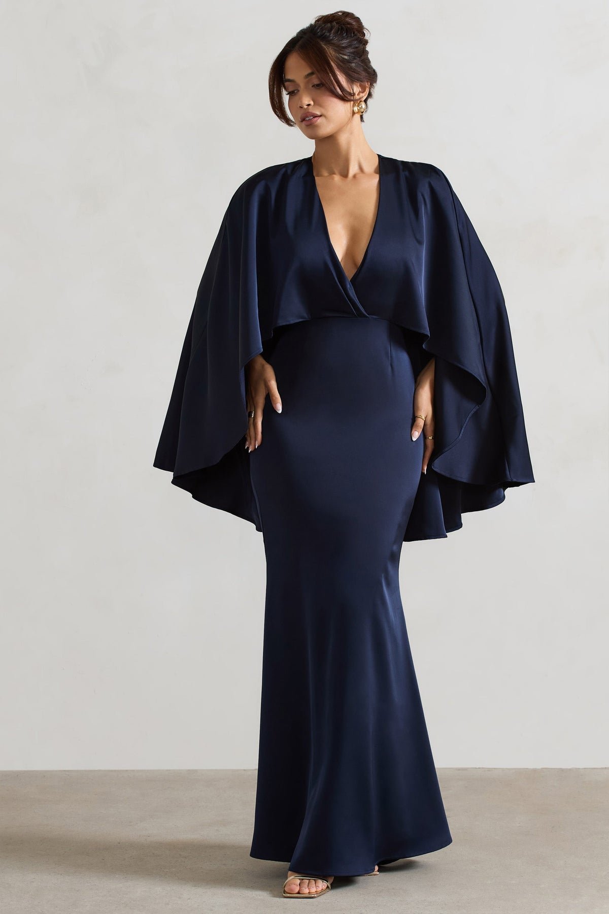 Yasie | Navy Satin Plunge-Neck Maxi Dress With Cape Sleeves