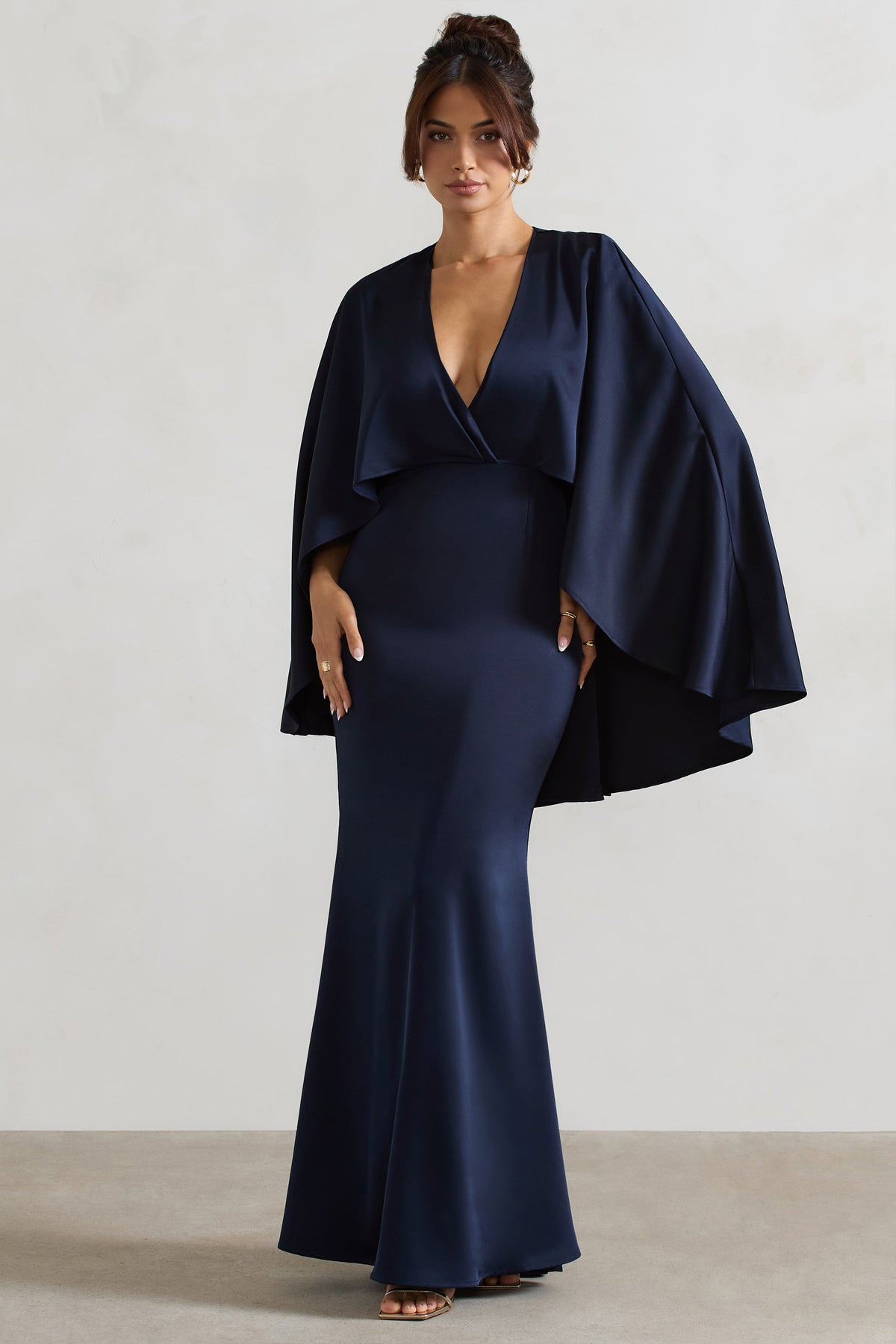 Yasie | Navy Satin Plunge-Neck Maxi Dress With Cape Sleeves