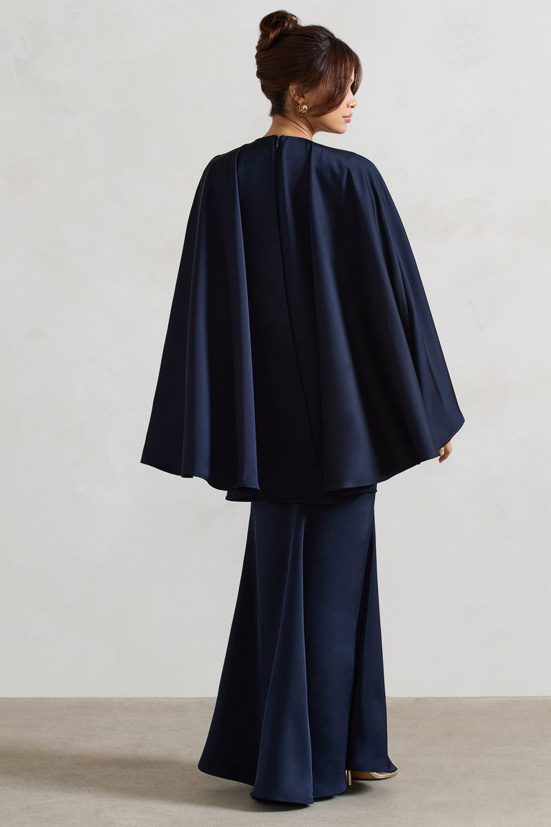 Yasie Navy Satin Plunge-neck Maxi Dress With Cape Sleeves – Club L 