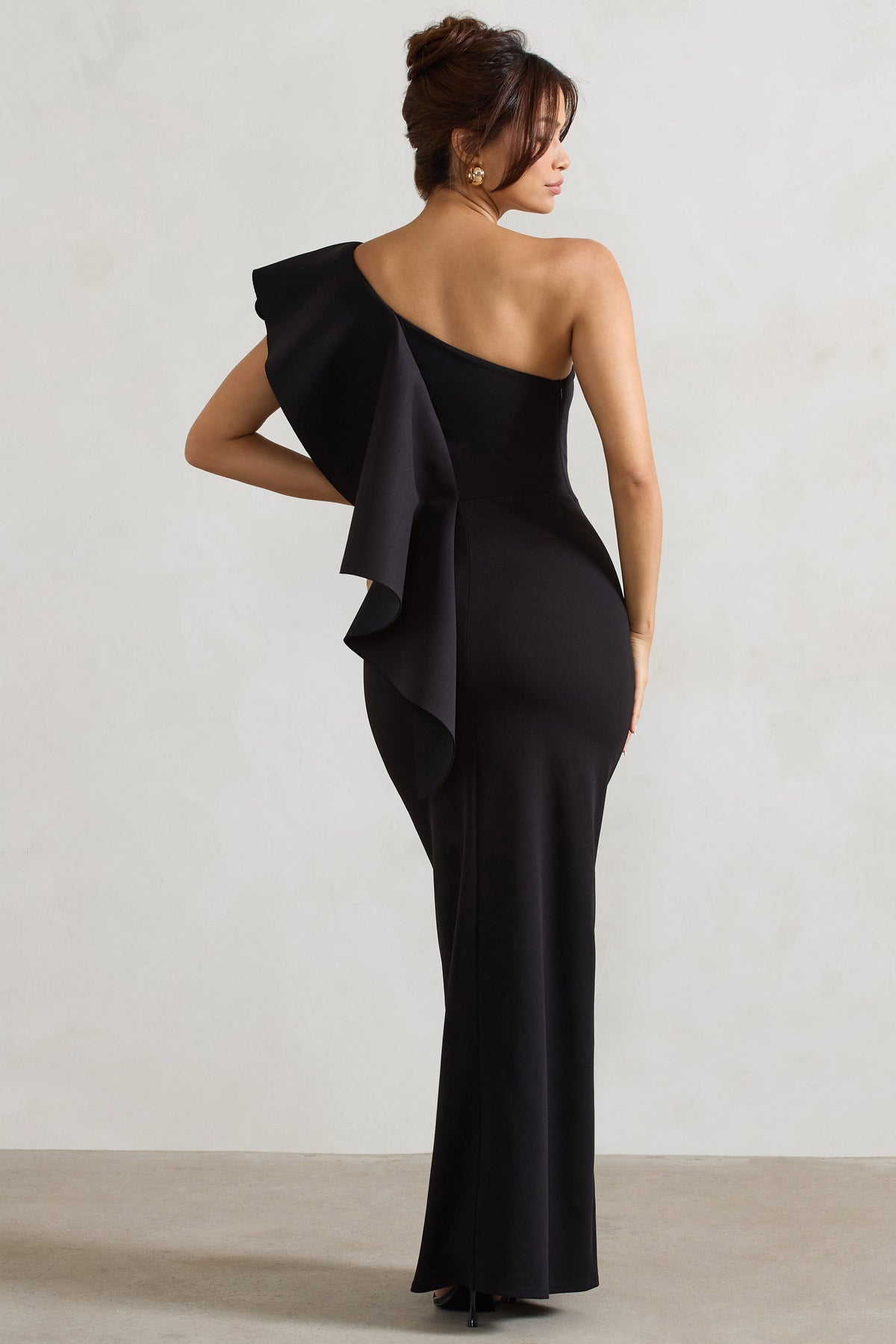 Timeless Love | Black Asymmetric Draped Ruffle Maxi Dress