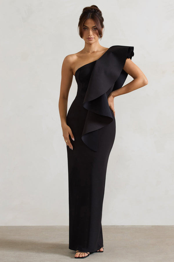 Timeless Love Black Asymmetric Draped Ruffle Maxi Dress – Club L London