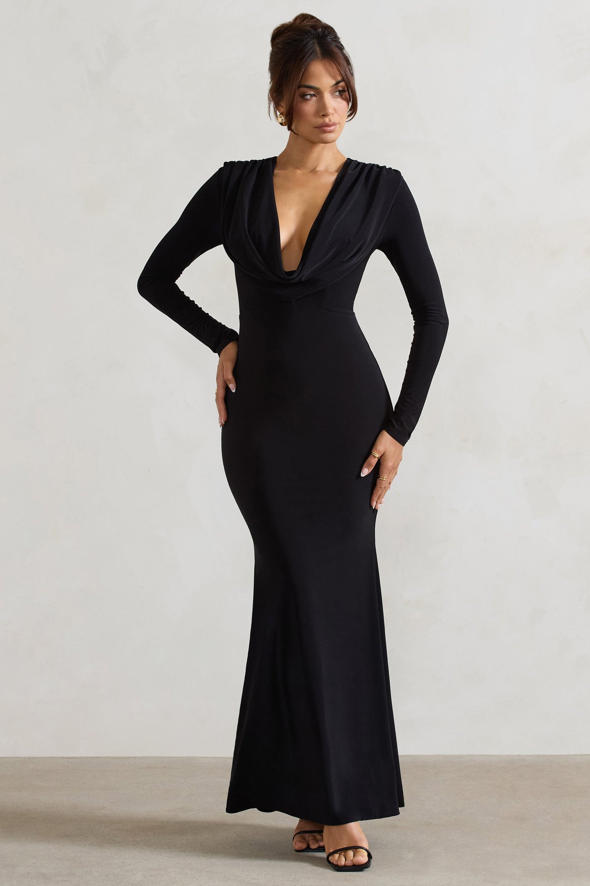 Heavy Heart | Black Cowl-Neck Long-Sleeve Maxi Dress - UK 8 Black Heavy Heart | Black Cowl-Neck Long-Sleeve Maxi Dress - UK 8 Black