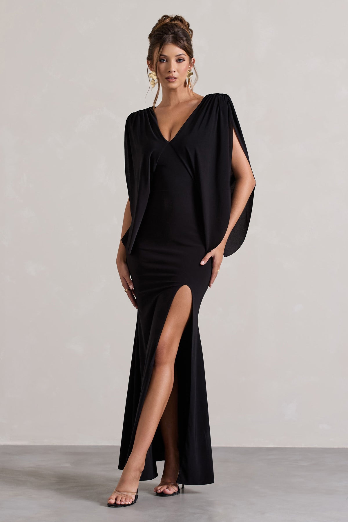 Perry | Black V-Neck Cape Sleeve Split Maxi Dress