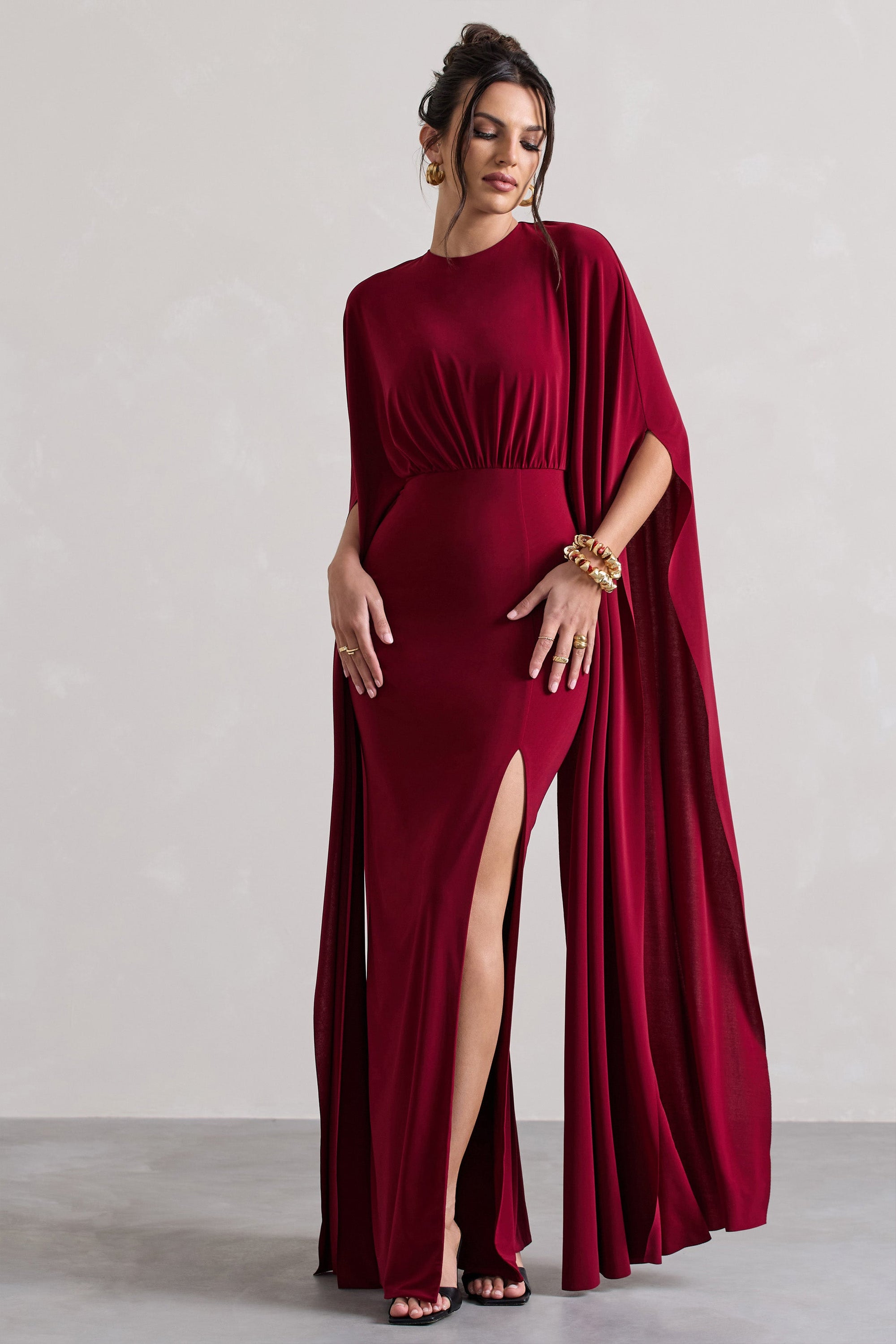 Ilaria | Berry Cape Sleeve Split Maxi Dress - Club L London - USA