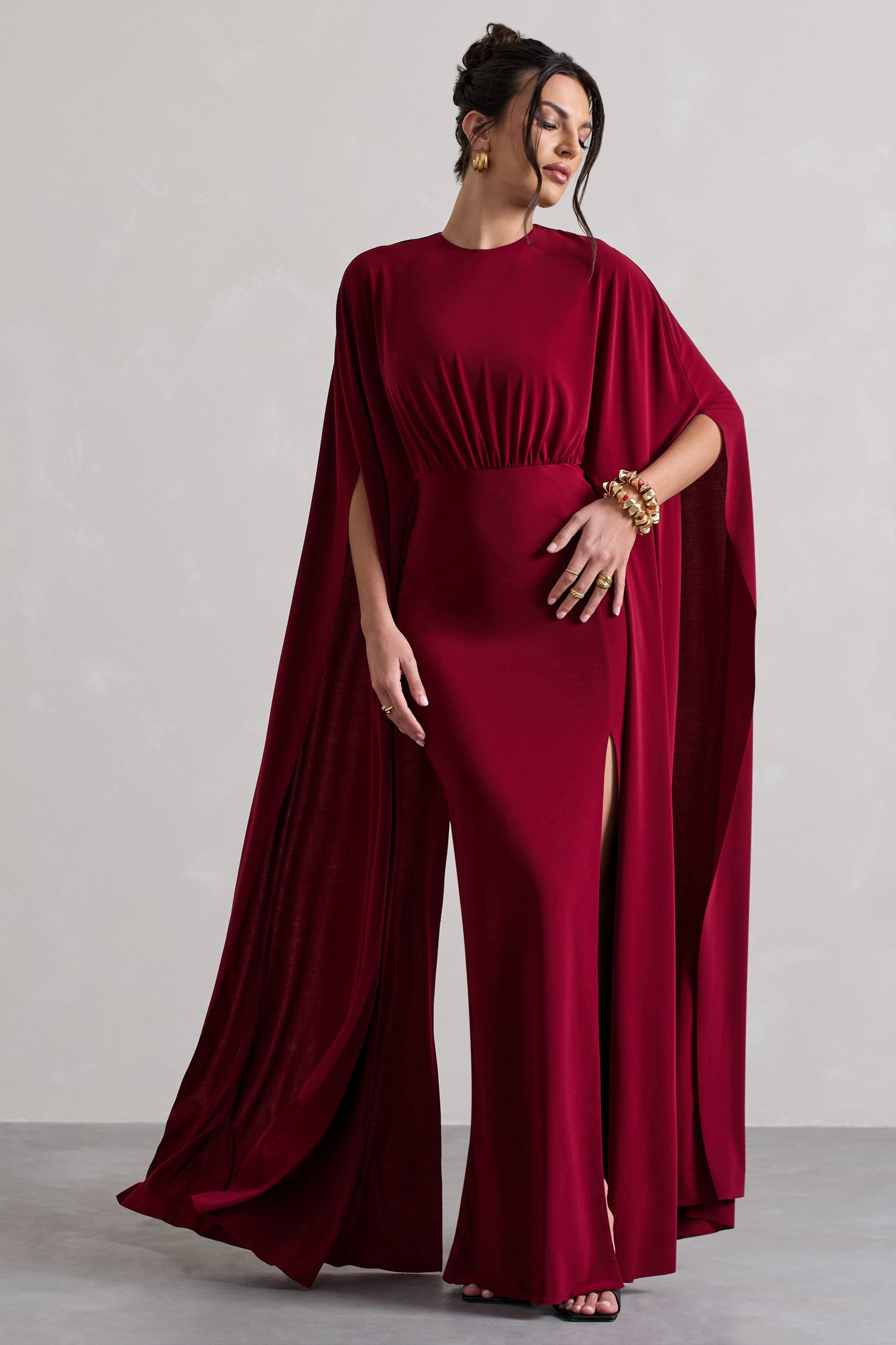 Ilaria | Berry Cape Sleeve Split Maxi Dress - Club L London - USA