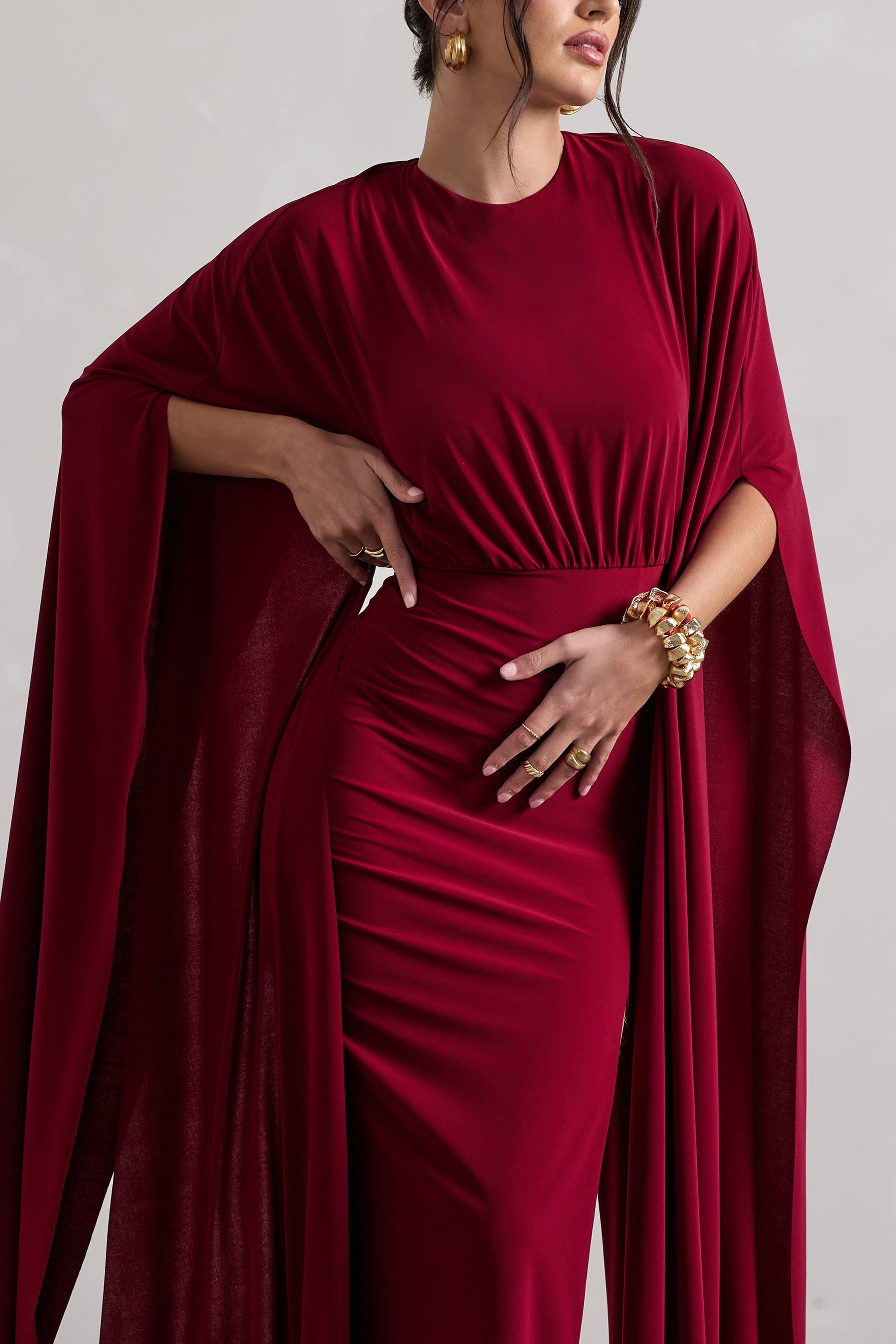 Ilaria | Berry Cape Sleeve Split Maxi Dress - Club L London - USA