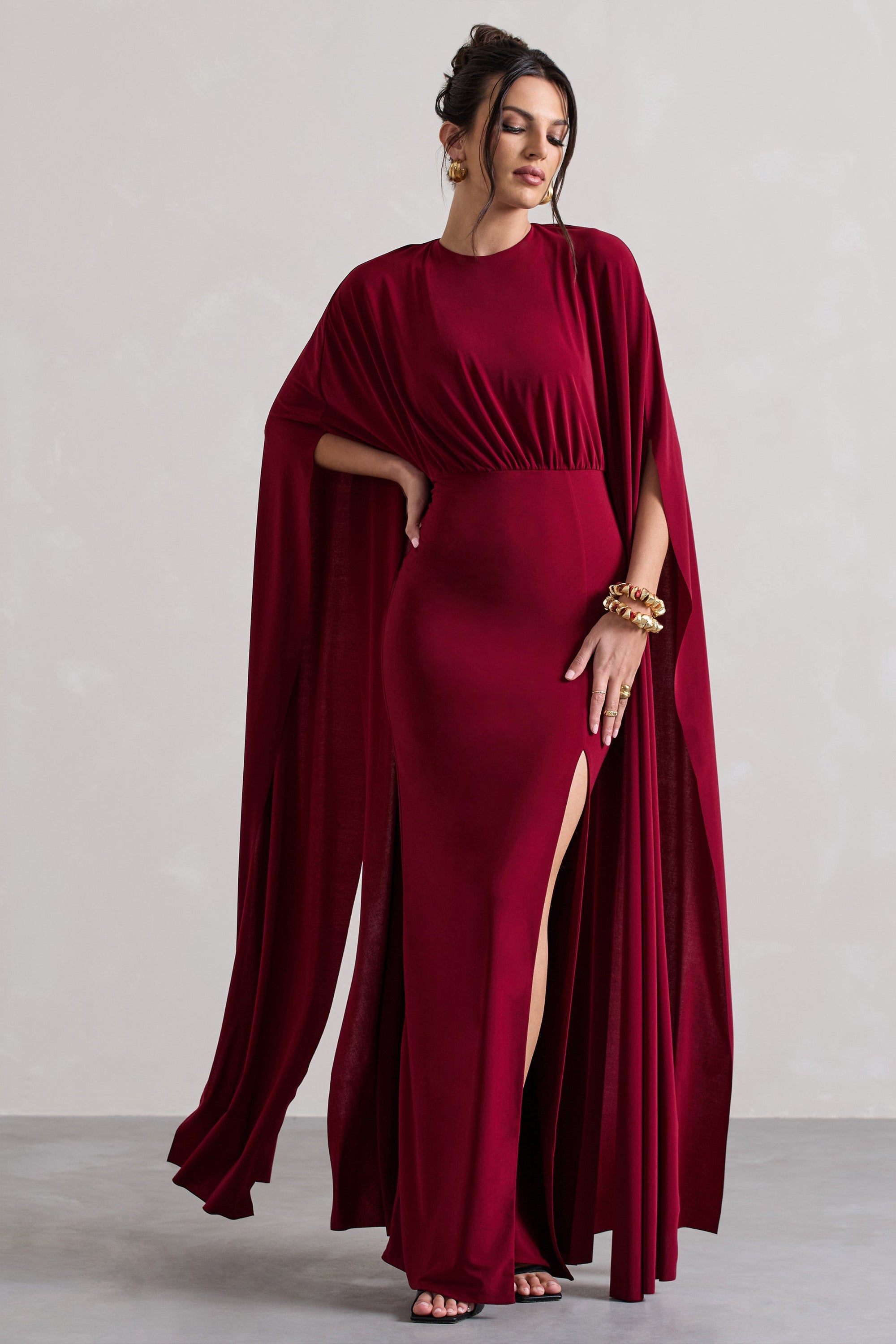 Ilaria | Berry Cape Sleeve Split Maxi Dress - Club L London - USA
