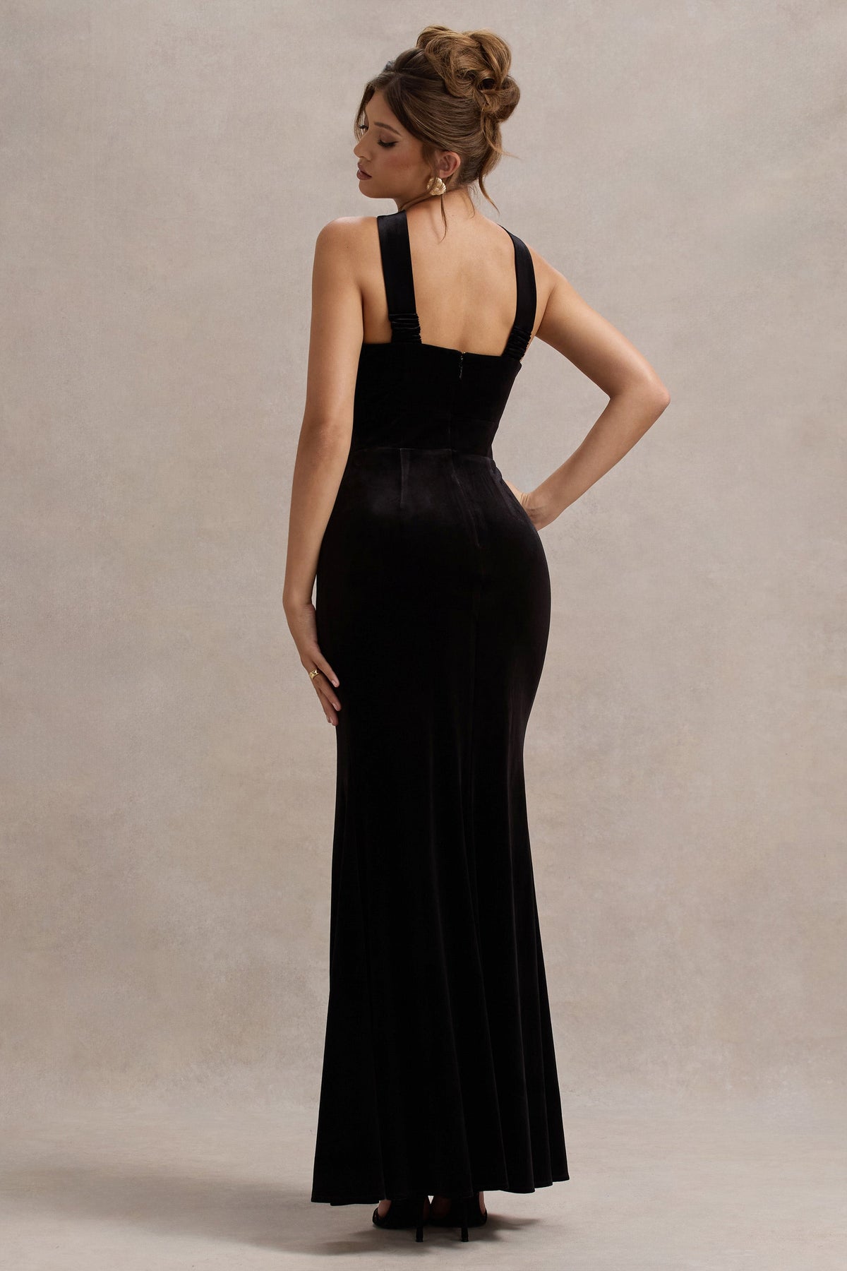 black velvet halter dress Mystery Black Velvet Plunge Halter-Neck Split Maxi Dress With Bow – Club L London
