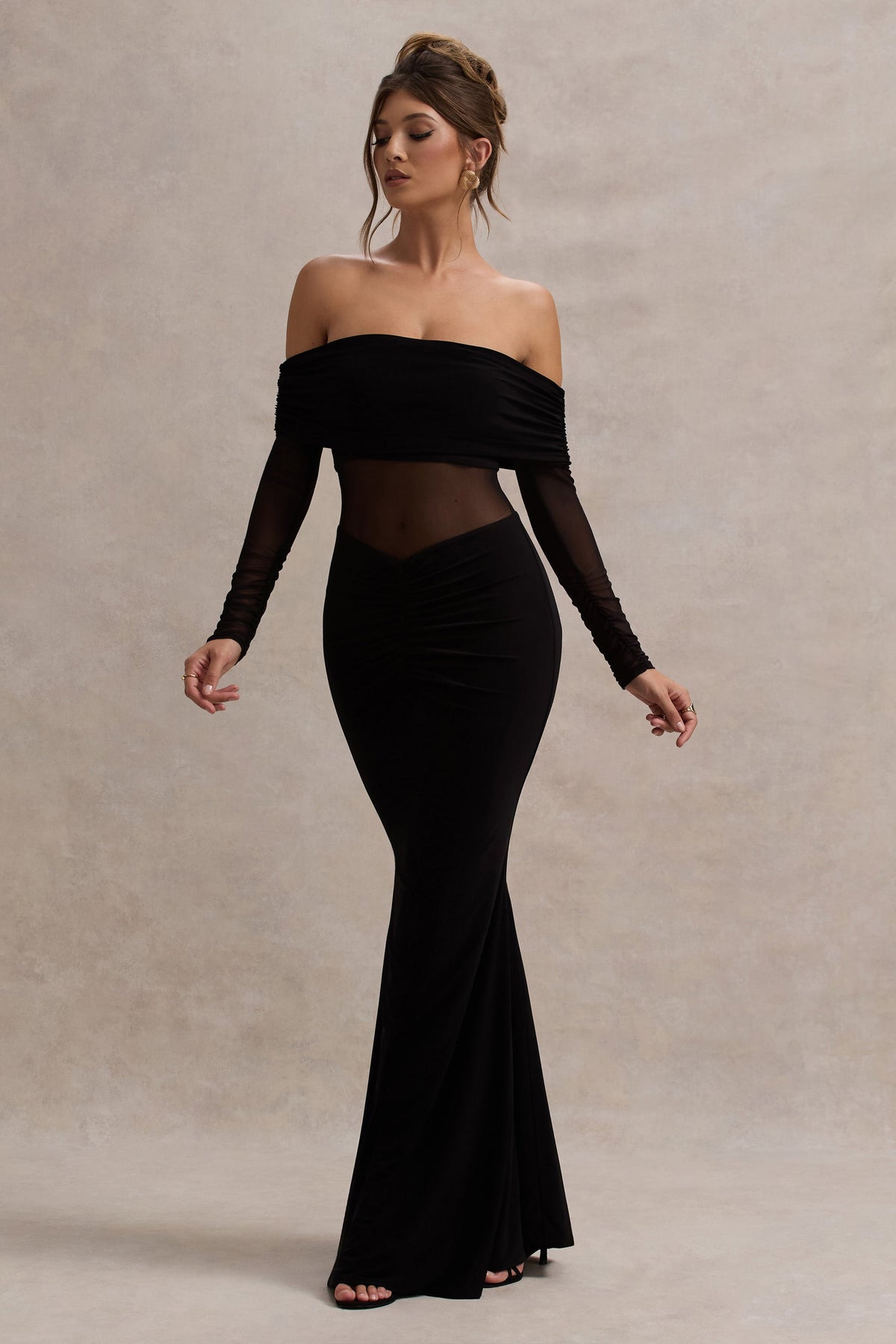 Ismeralda | Black Mesh Ruched Bardot Maxi Dress