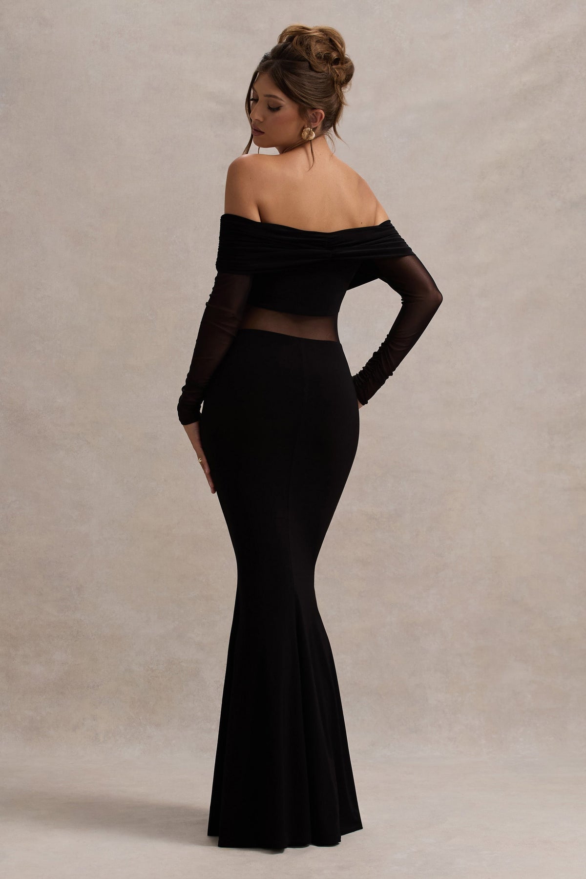 Ismeralda | Black Mesh Ruched Bardot Maxi Dress