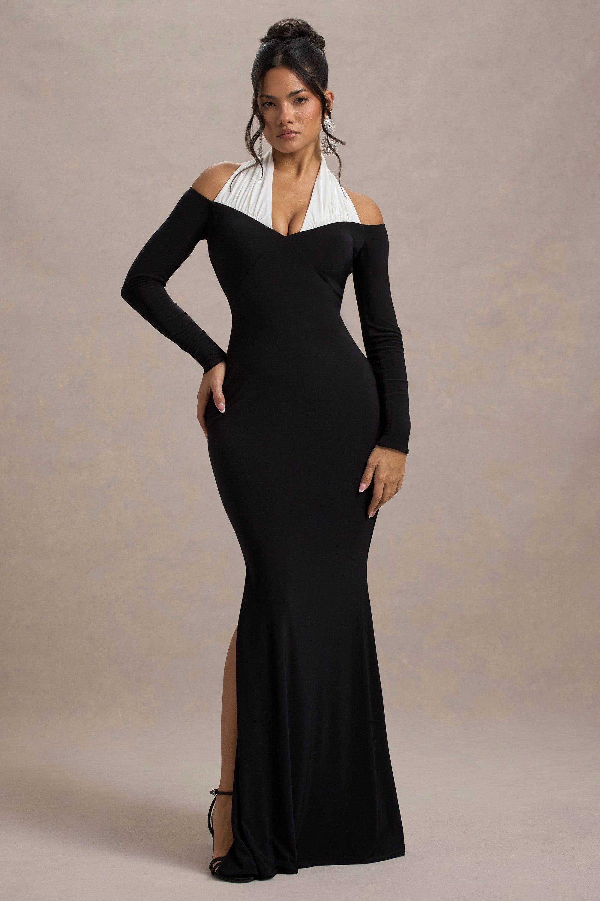 Living High | Black & White Halter-Neck Split Maxi Dress - Club L London - USA