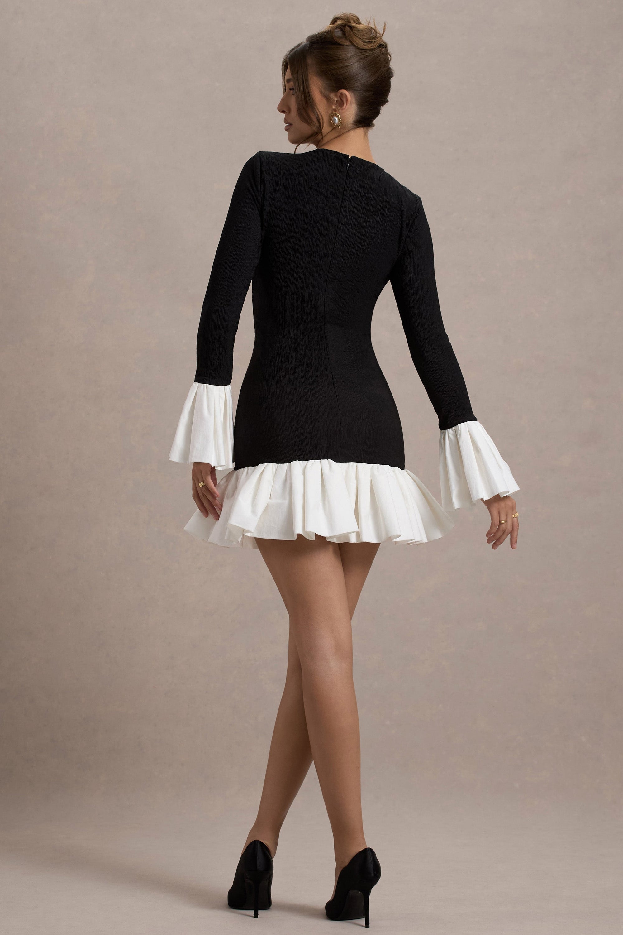 Josefina | Black Long-Sleeve Mini Dress With White Satin Trims – Club L London