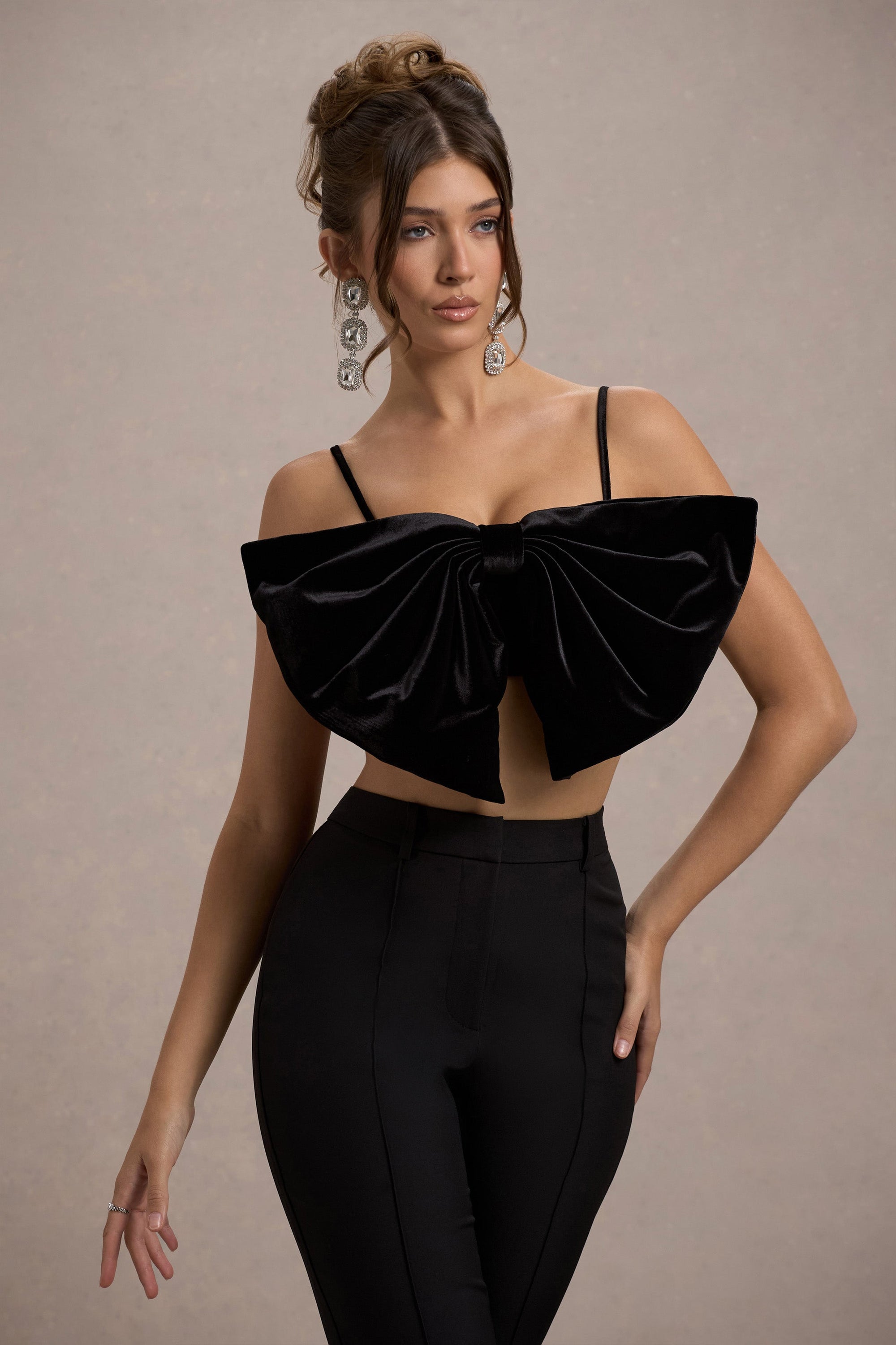 Adya | Black Velvet Strappy Bow Crop Top - Club L London - USA