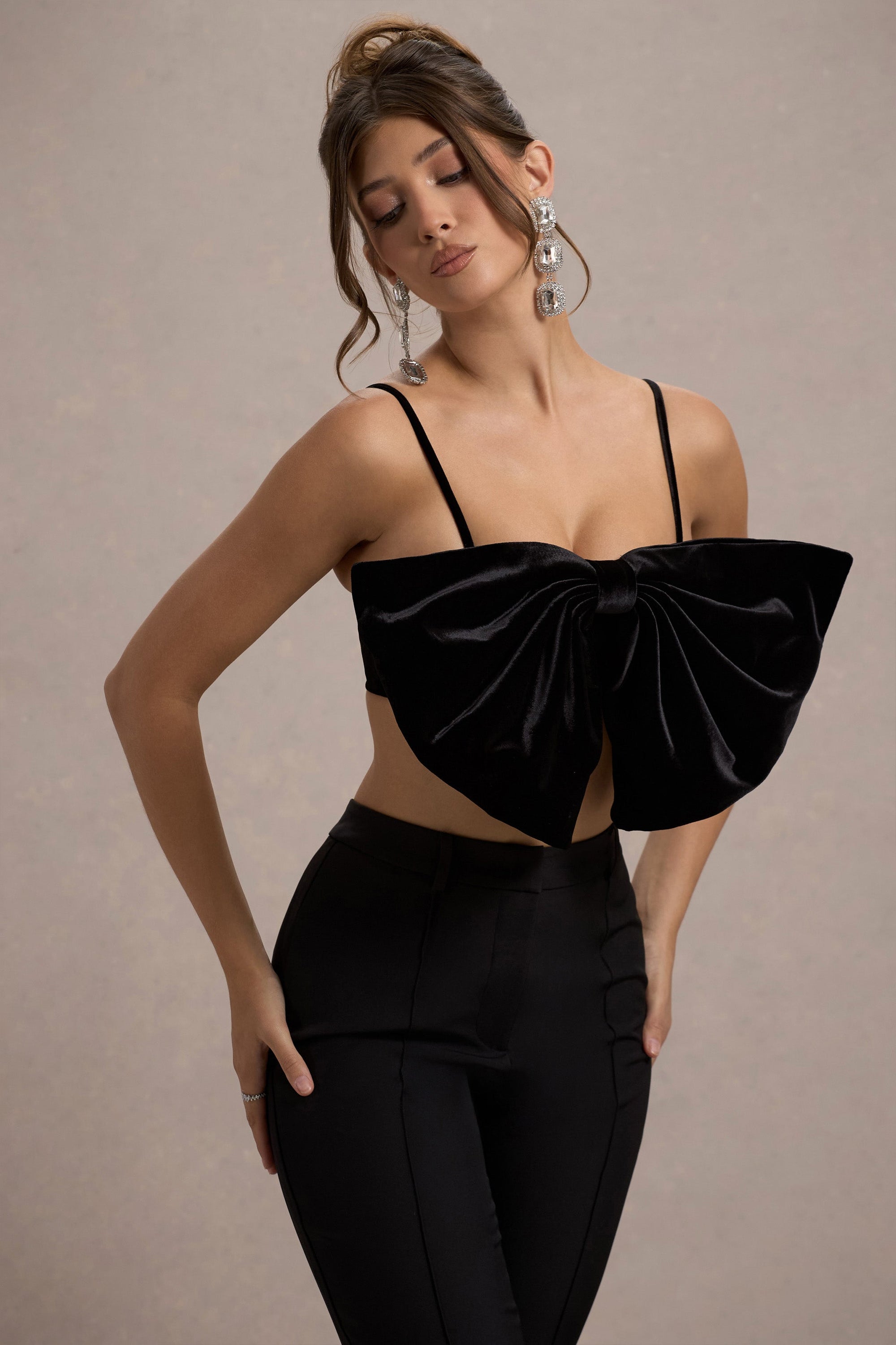 Adya | Black Velvet Strappy Bow Crop Top - Club L London - USA