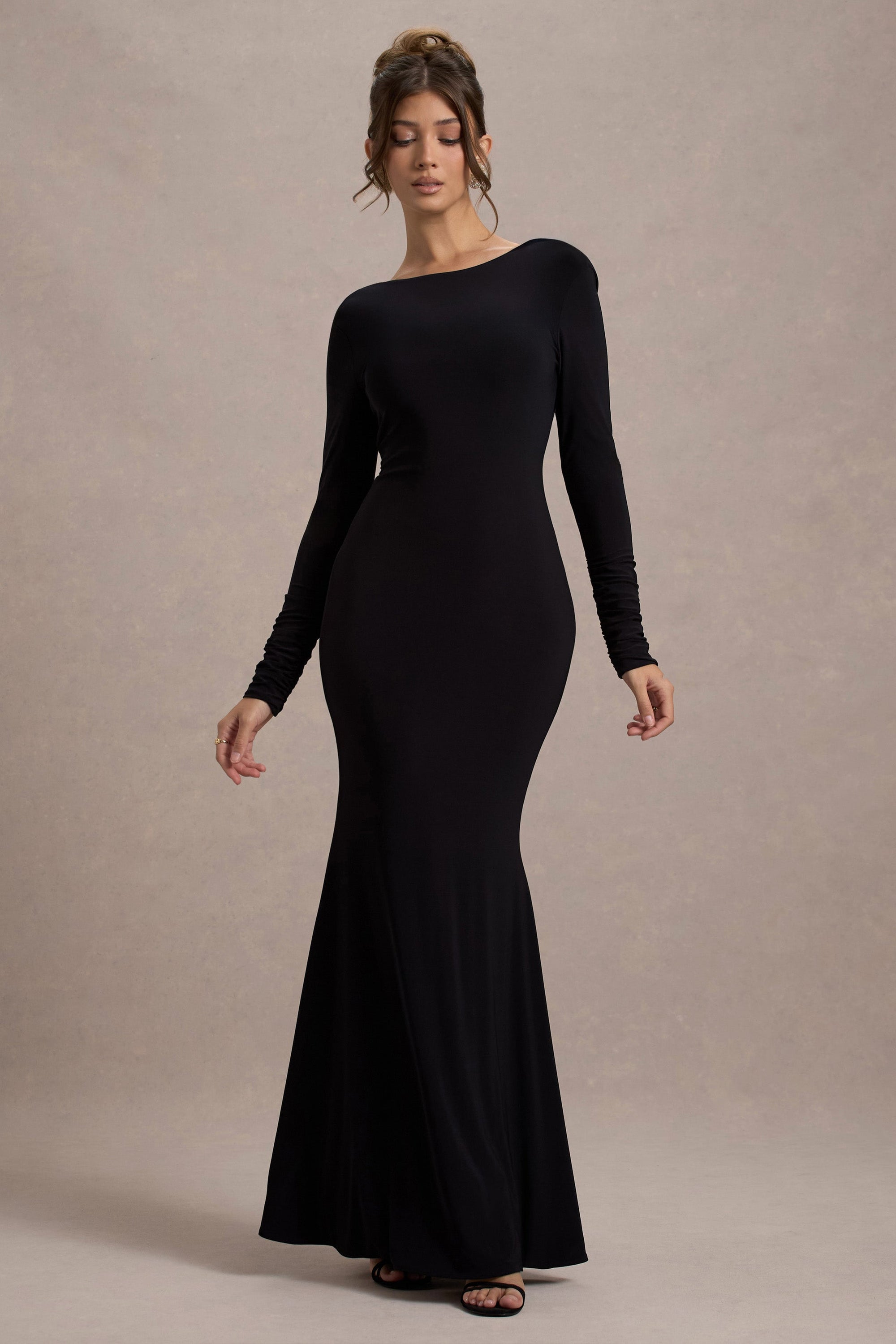 Rosalee | Black Long-Sleeve Cowl-Back Maxi Dress With Bows - Club L London - USA
