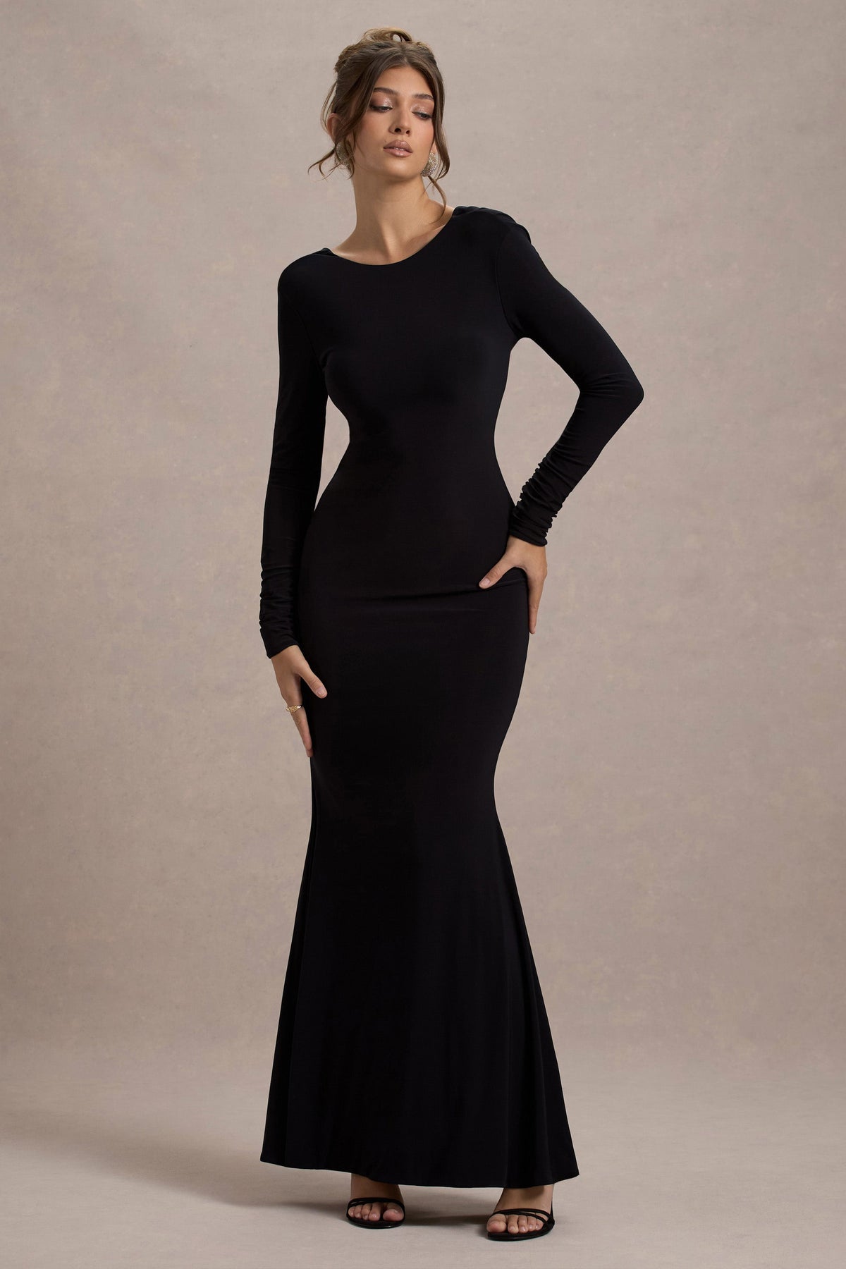 Rosalee Black Long-Sleeve Cowl-Back Maxi Dress With Bows Club L London - USA Rosalee Black Long-Sleeve Cowl-Back Maxi Dress With Bows Club L London - USA