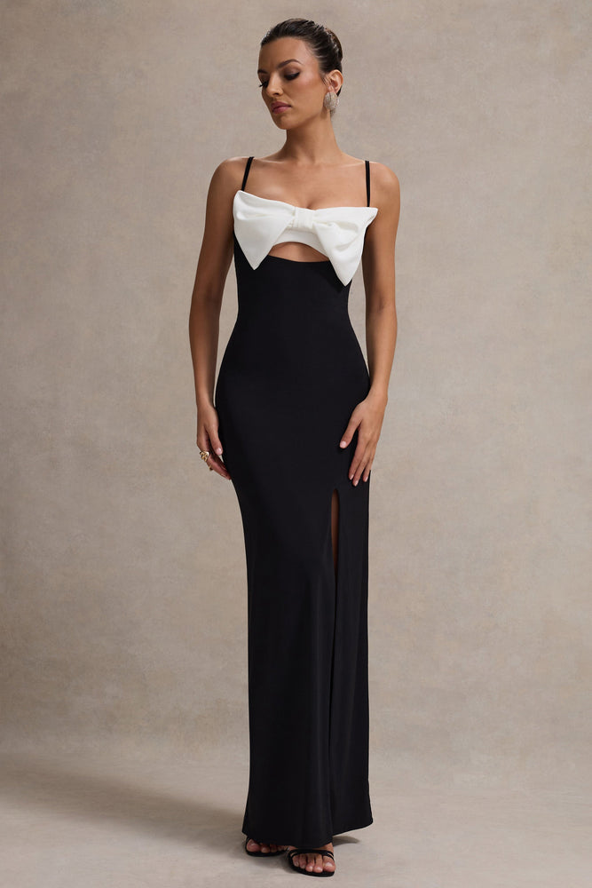 Emmalou Black & White Strappy Split Maxi Dress With Bow