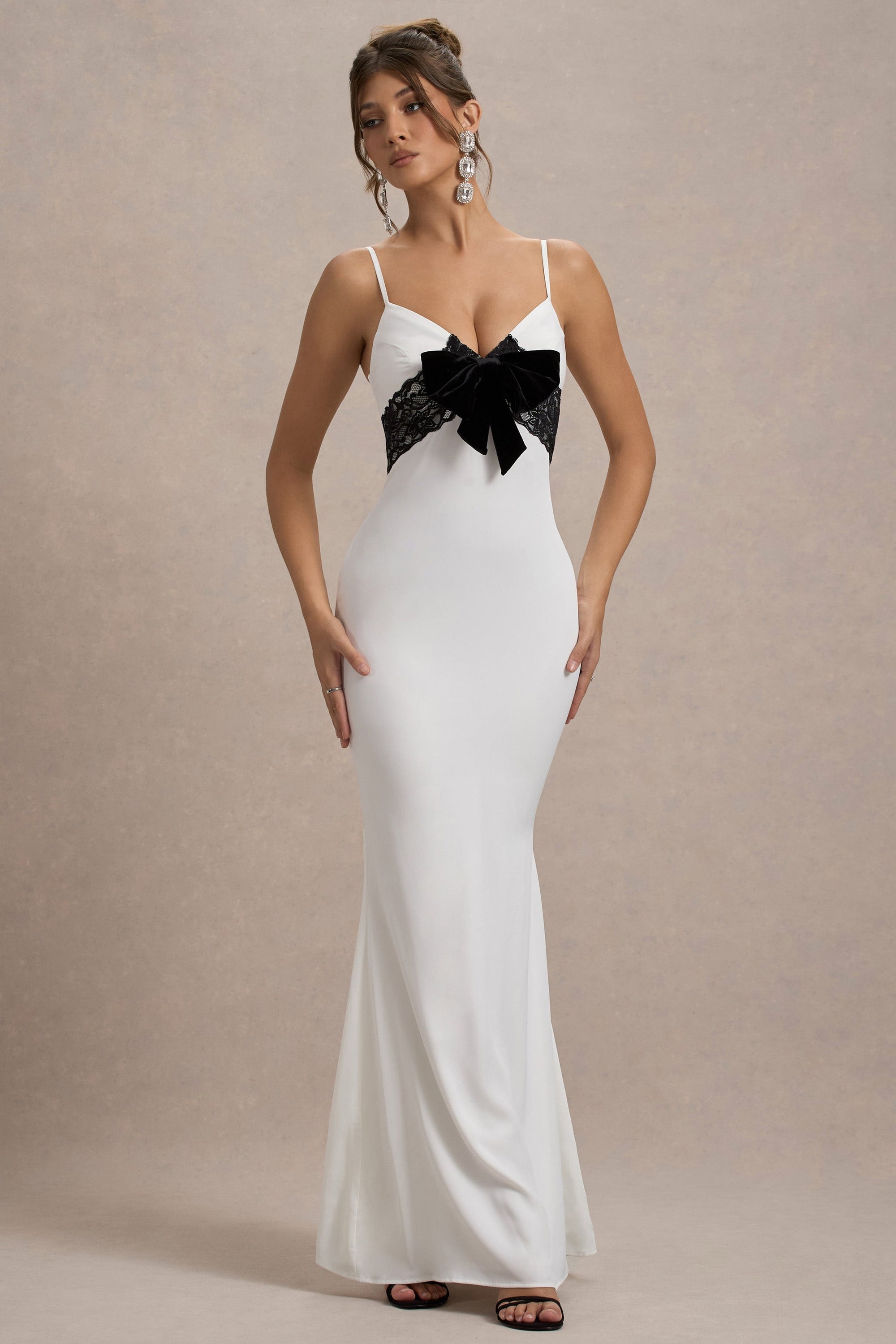 Rumi | White Satin Strappy Maxi Dress With Velvet Bow – Club L London