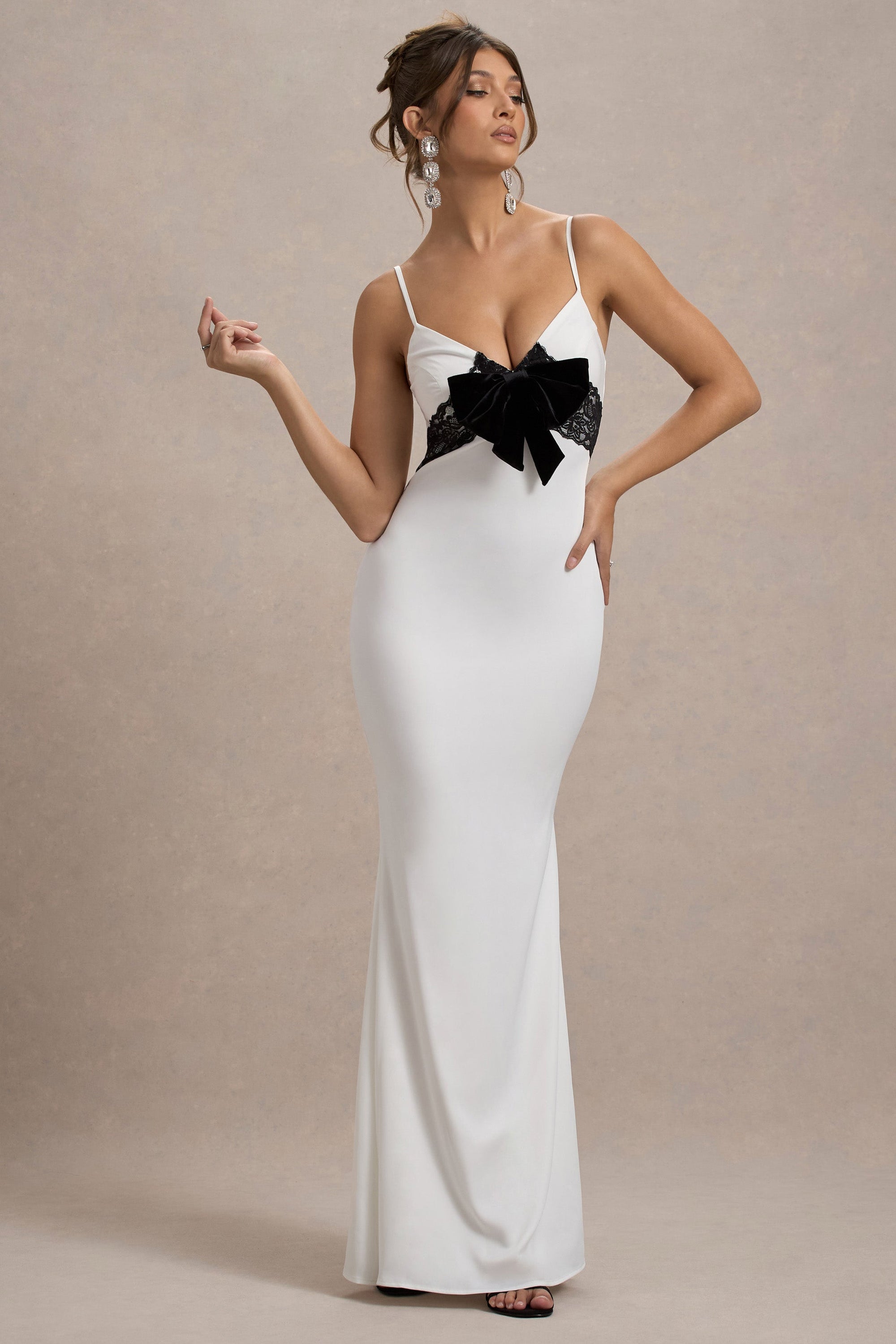 Rumi | White Satin Strappy Maxi Dress With Velvet Bow – Club L London