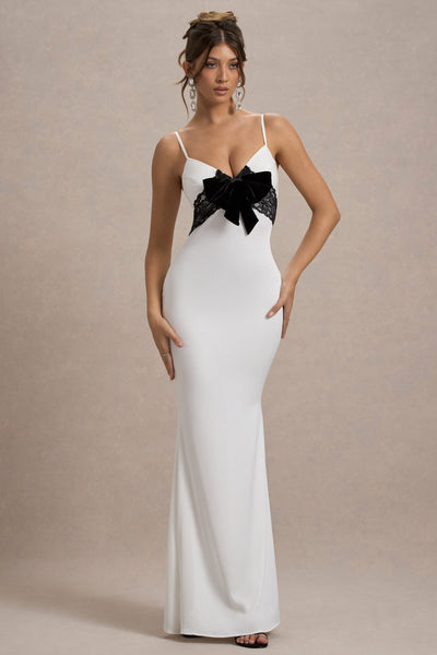Rumi | White Satin Strappy Maxi Dress With Velvet Bow – Club L London